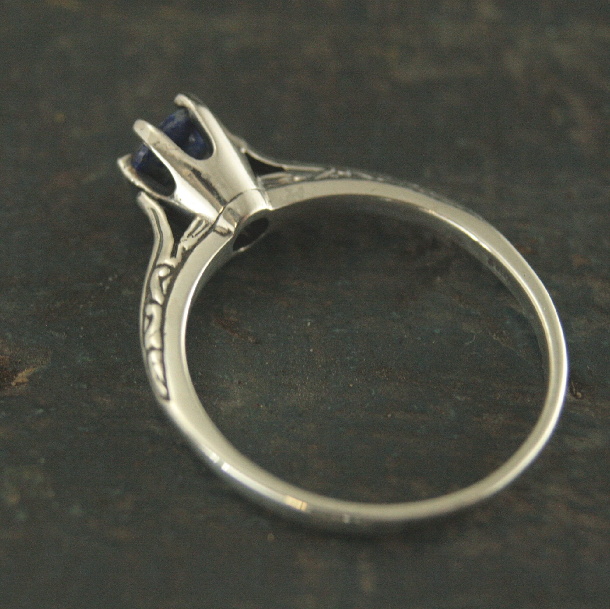 Lapis Engagement Ring Silver Ariel Ring Blue Stone Ring Denim Blue Stone Vintage Style Ring 6 Prong Setting Cathedral Solitaire Silver Ring