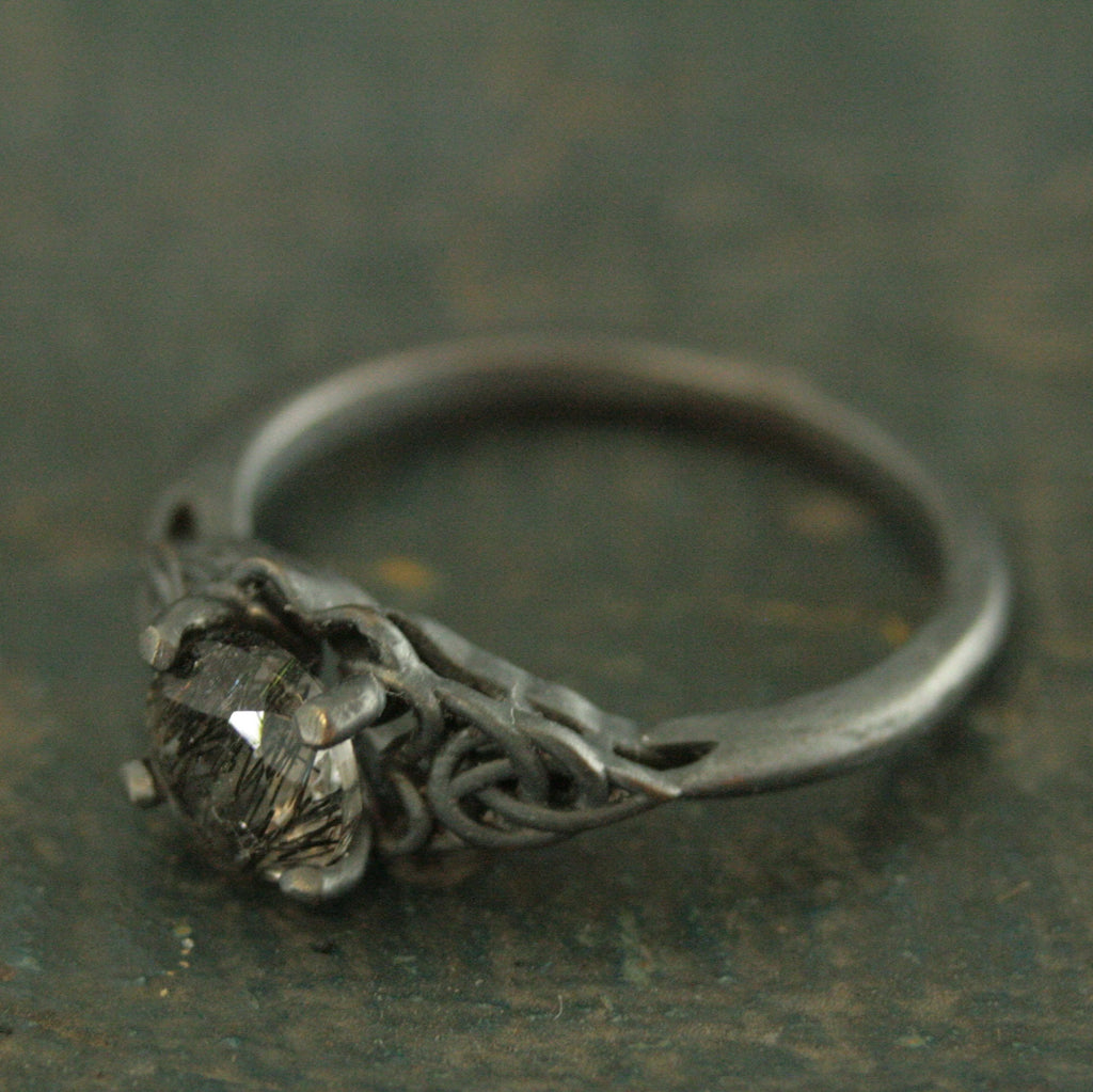 Black Tourmalinated Quartz Ring Celtic Ring Black Silver Ring Black Rutilated Quartz Ring Celtic Knot Ring Unique Engagement Ring