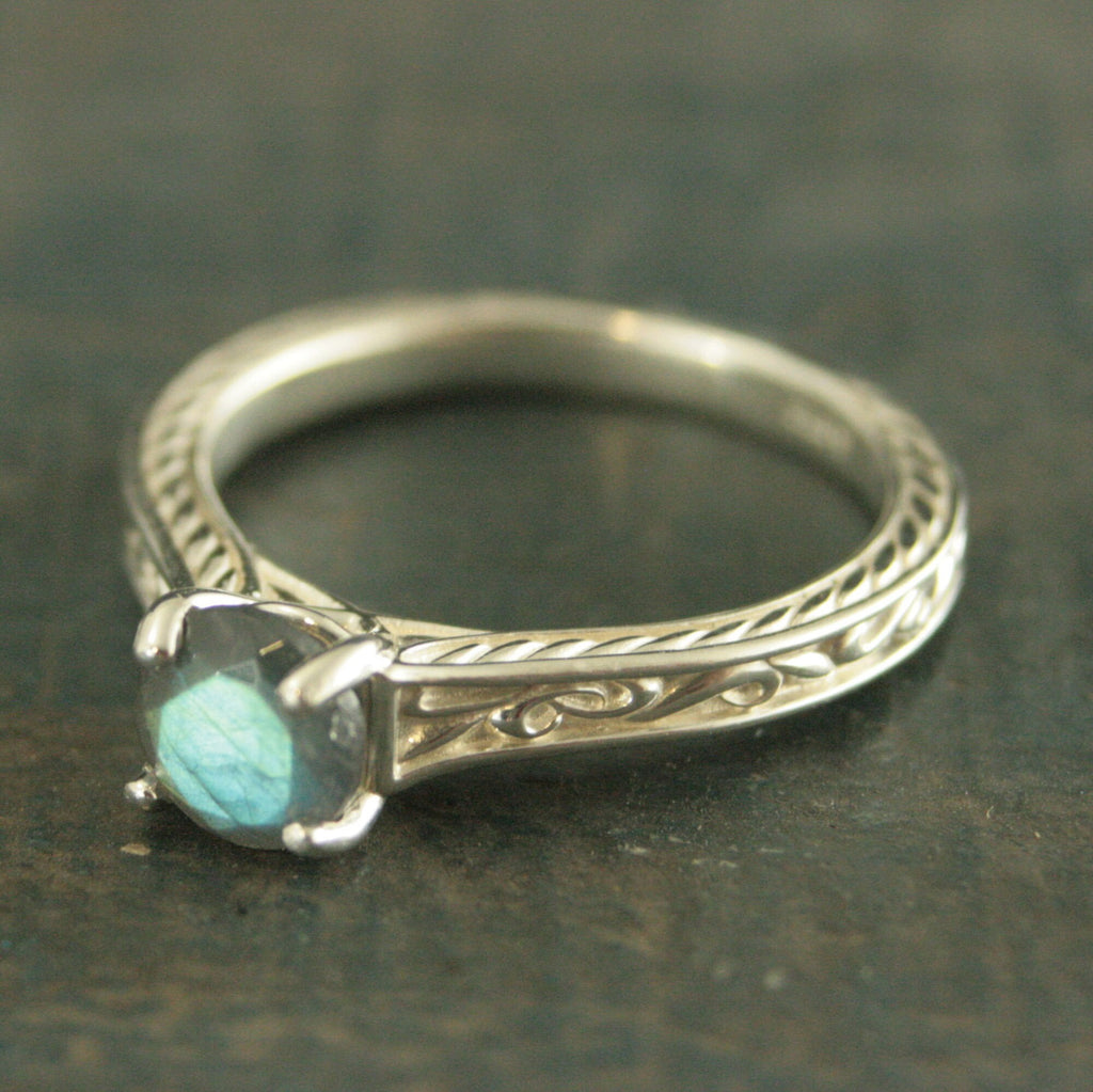 Art Nouveau Ring Labradorite Ring Alternative Engagement Ring Flourish Cathedral Setting Gift for Her Facetted Labradorite Ring Antique