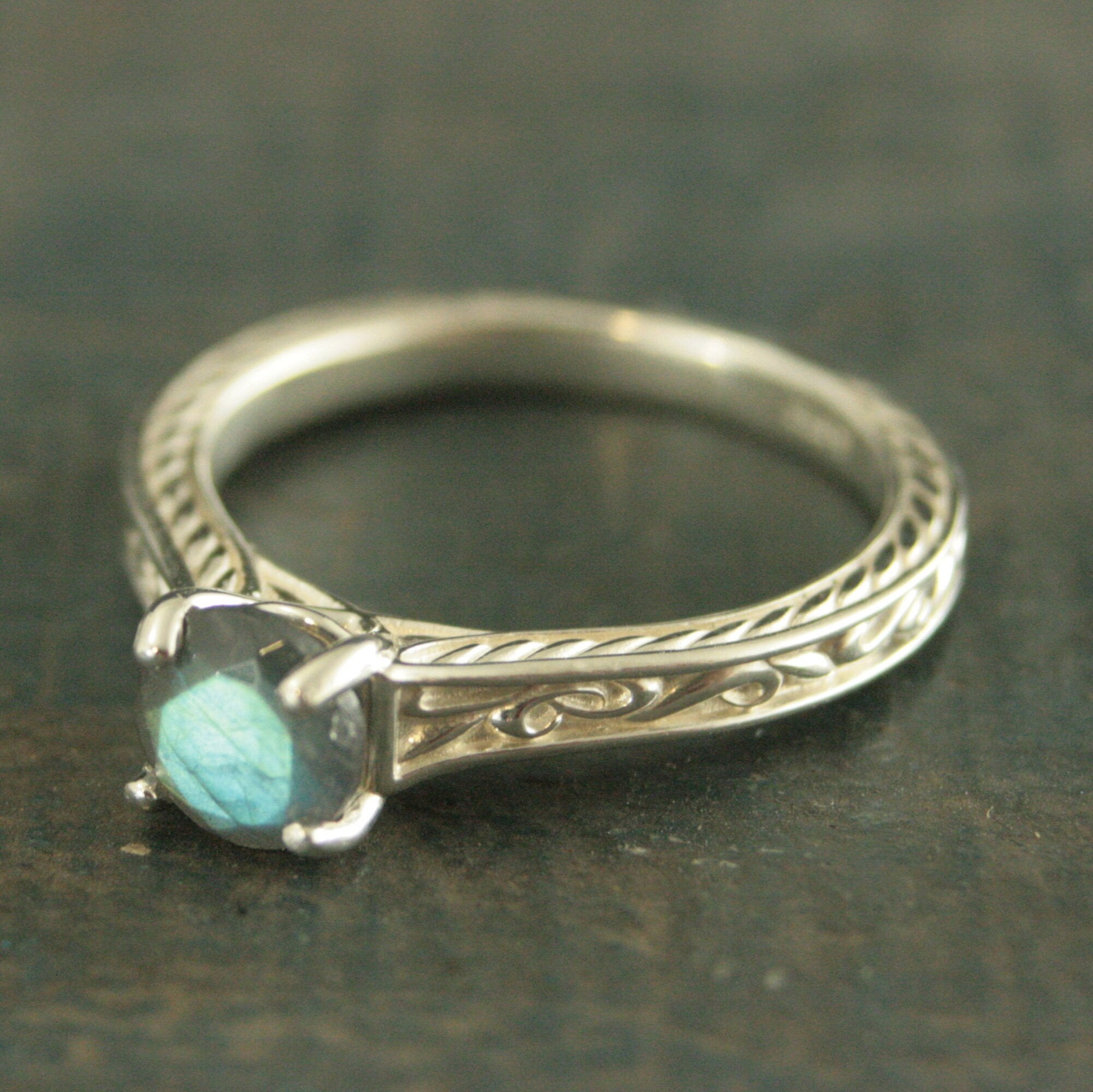 Art Nouveau Ring Labradorite Ring Alternative Engagement Ring Flourish Cathedral Setting Gift for Her Facetted Labradorite Ring Antique