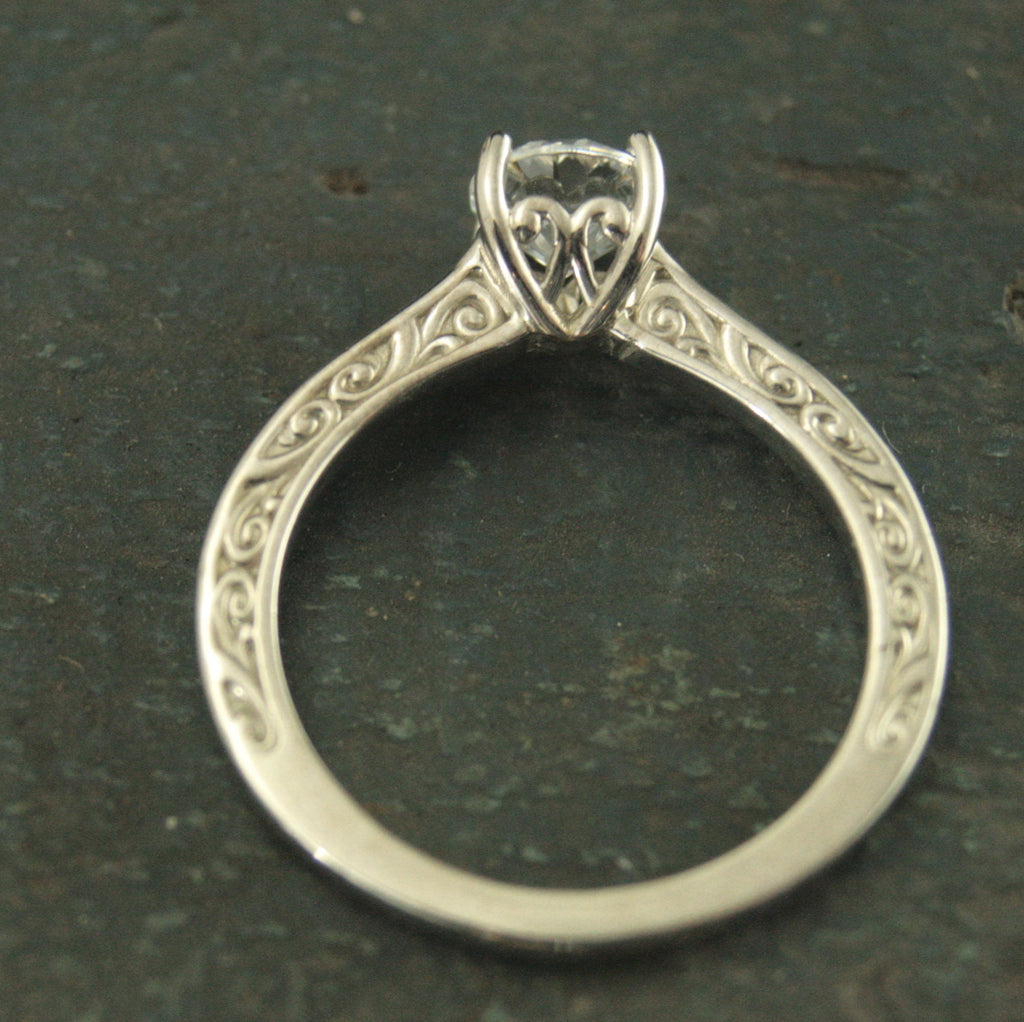 Hidden Flourish Solitaire Silver Engagement Ring Swirl Design Cathedral Heart Setting Silver Cathedral Solitaire White Topaz Ring