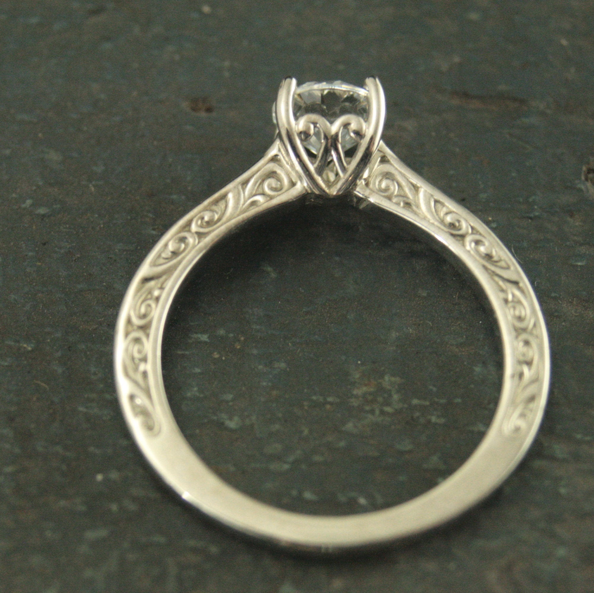 Hidden Flourish Solitaire Silver Engagement Ring Swirl Design Cathedral Heart Setting Silver Cathedral Solitaire White Topaz Ring