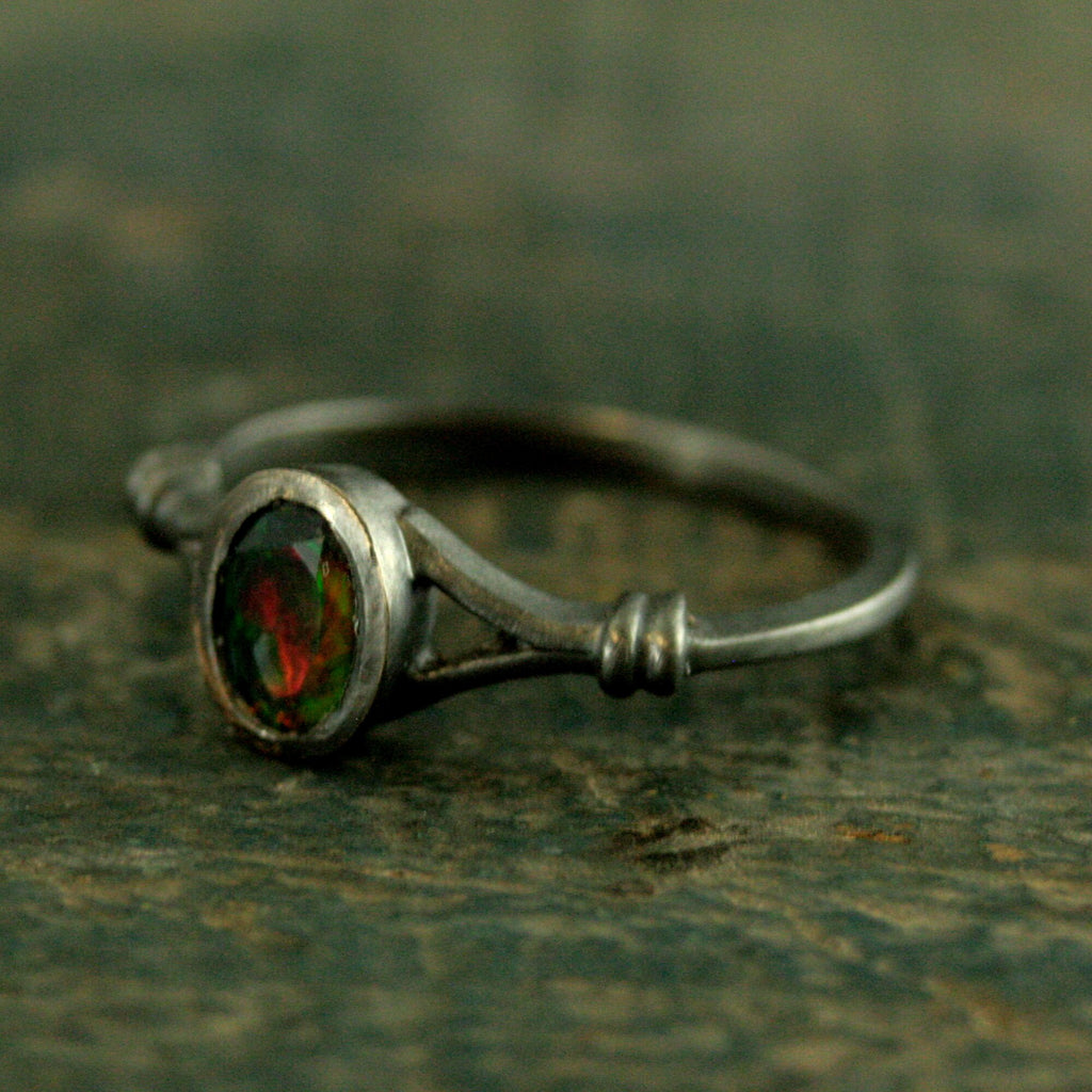 Black Opal Ring Bezel Set Facetted Oval Black Opal Ring Black Silver Oxidized Black Magic Mirror Ring Unique Engagement Ring
