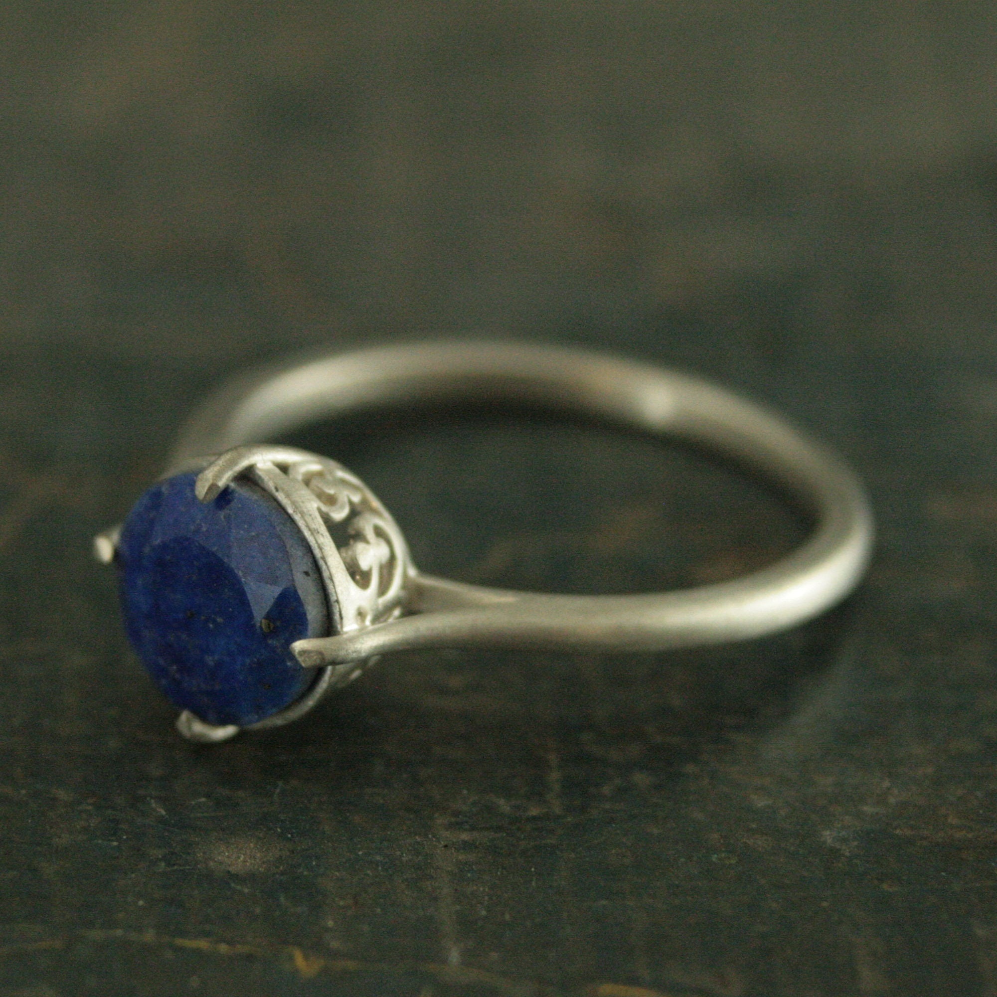 Faceted Lapis Lazuli Ring Silver Filigree Setting NSEW 7mm Lapis Ring Something Blue Bridal Jewelry Denim Blue Stone Elegant Ring