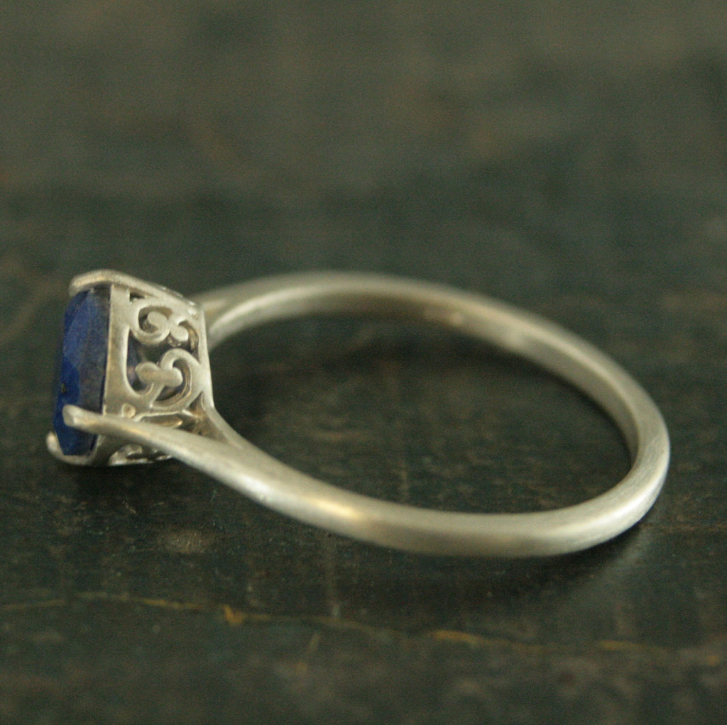 Faceted Lapis Lazuli Ring Silver Filigree Setting NSEW 7mm Lapis Ring Something Blue Bridal Jewelry Denim Blue Stone Elegant Ring