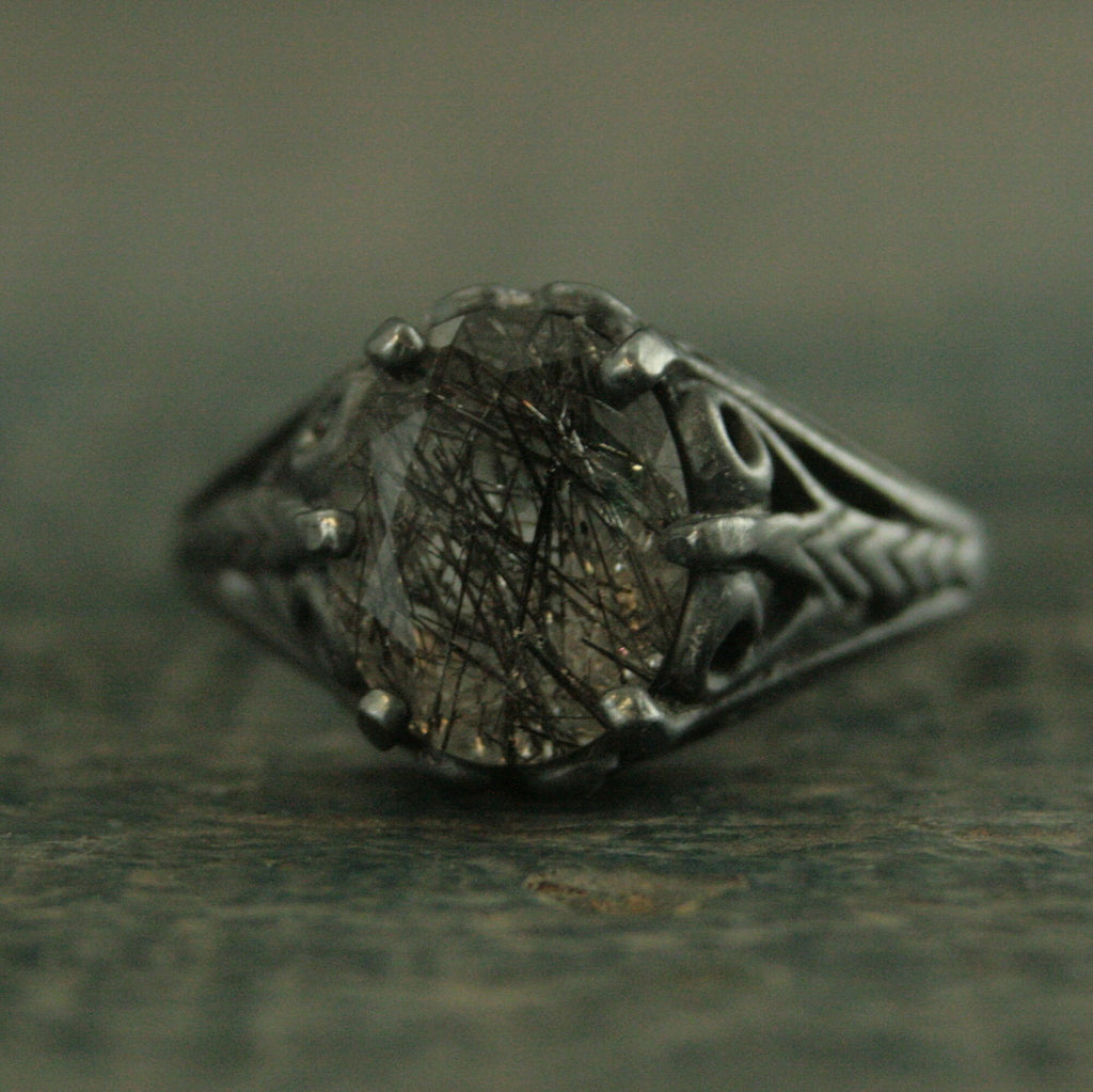 Black Tourmalinated Quartz Ring Black Rutilated Quartz 8x10 Oval Black Wicked Fairy Black Silver Gothic Ring Alternative Engagement Ring