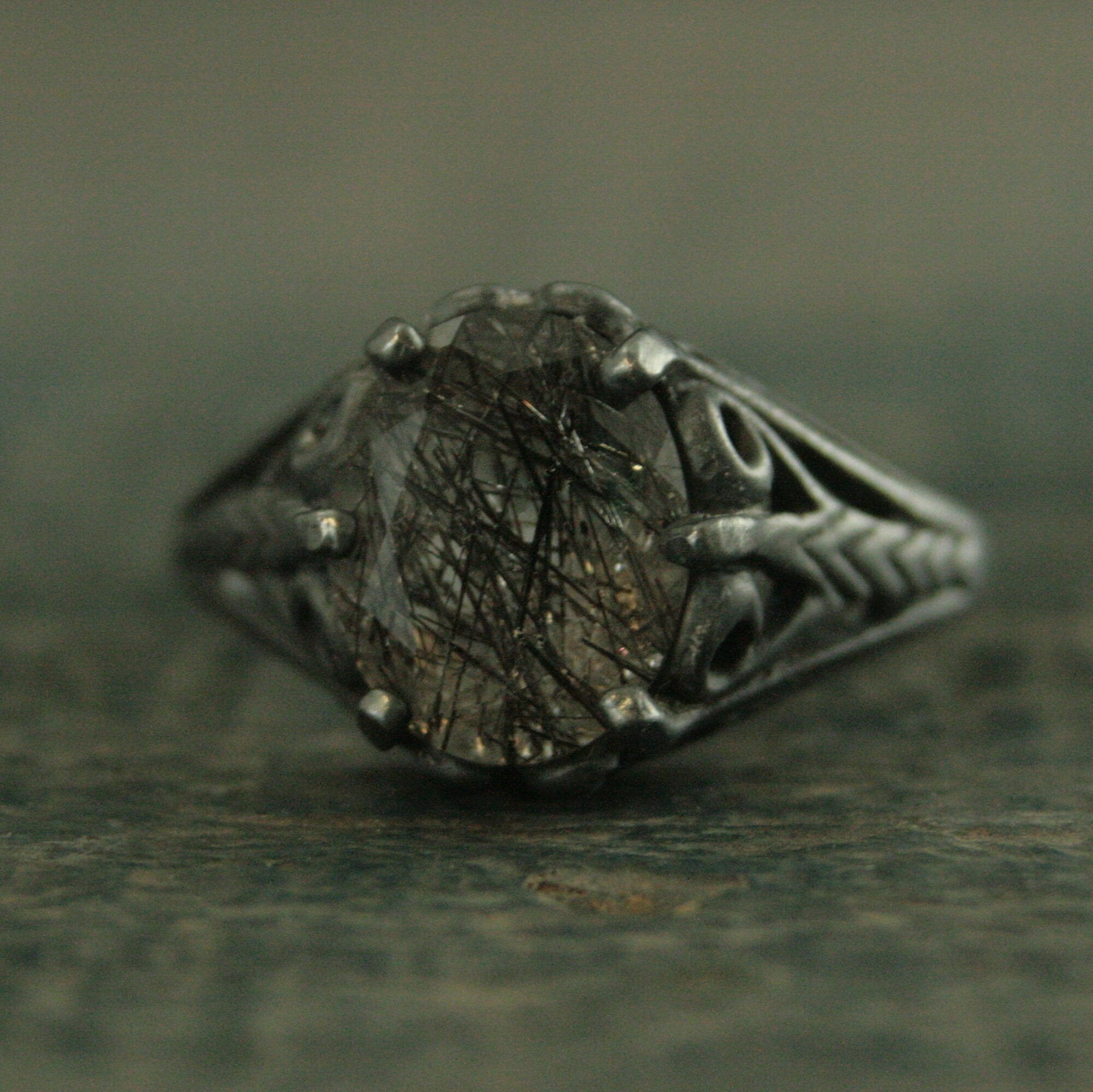 Black Tourmalinated Quartz Ring Black Rutilated Quartz 8x10 Oval Black Wicked Fairy Black Silver Gothic Ring Alternative Engagement Ring