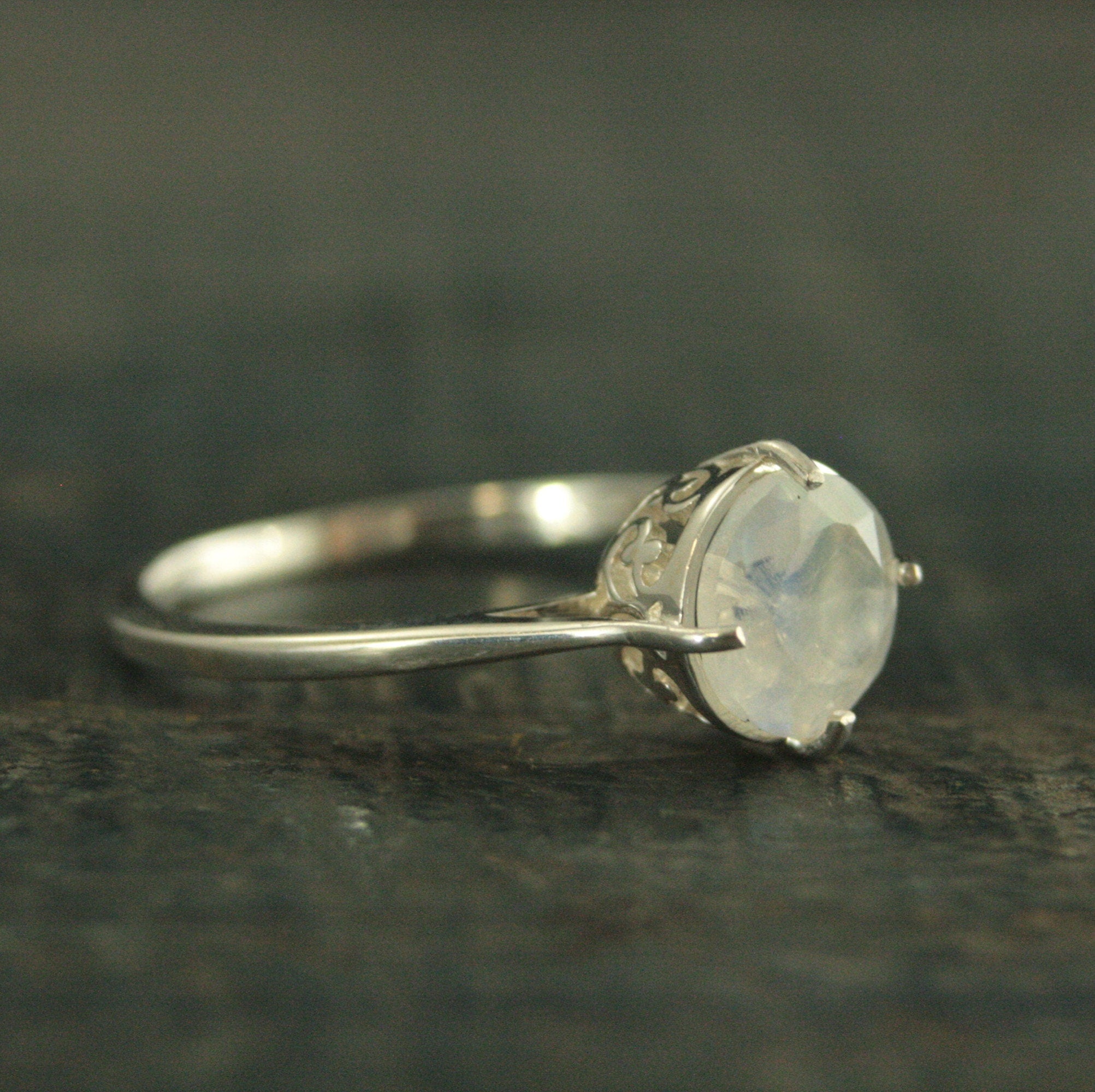 Rainbow Moonstone Ring~Filigree Engagement Ring~NSEW Setting~7mm Solitaire~Large Full Cut Moonstone Ring~Vintage Style Ring~Antique Style