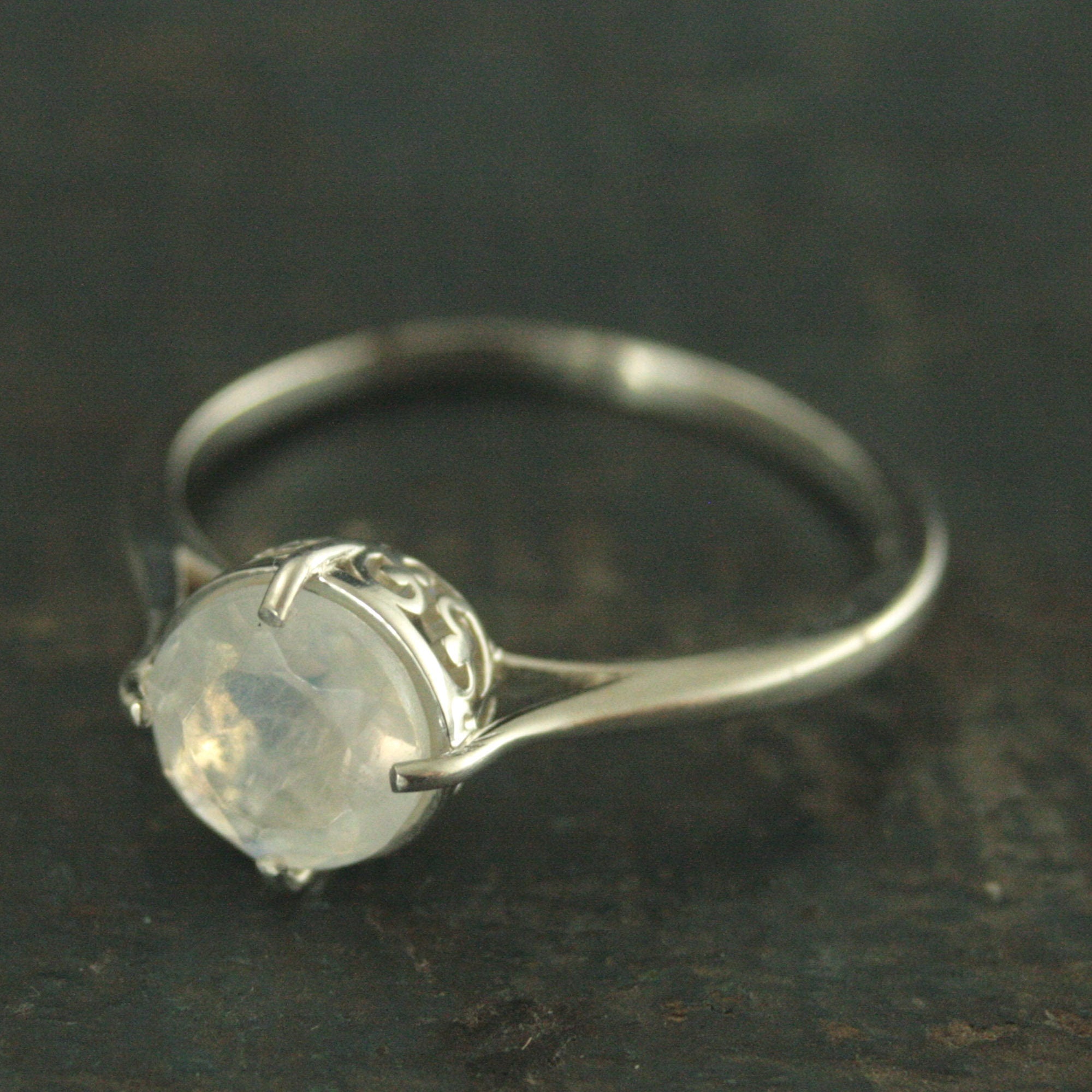 Rainbow Moonstone Ring~Filigree Engagement Ring~NSEW Setting~7mm Solitaire~Large Full Cut Moonstone Ring~Vintage Style Ring~Antique Style