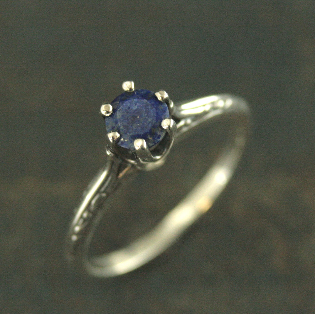 Lapis Engagement Ring Silver Ariel Ring Blue Stone Ring Denim Blue Stone Vintage Style Ring 6 Prong Setting Cathedral Solitaire Silver Ring