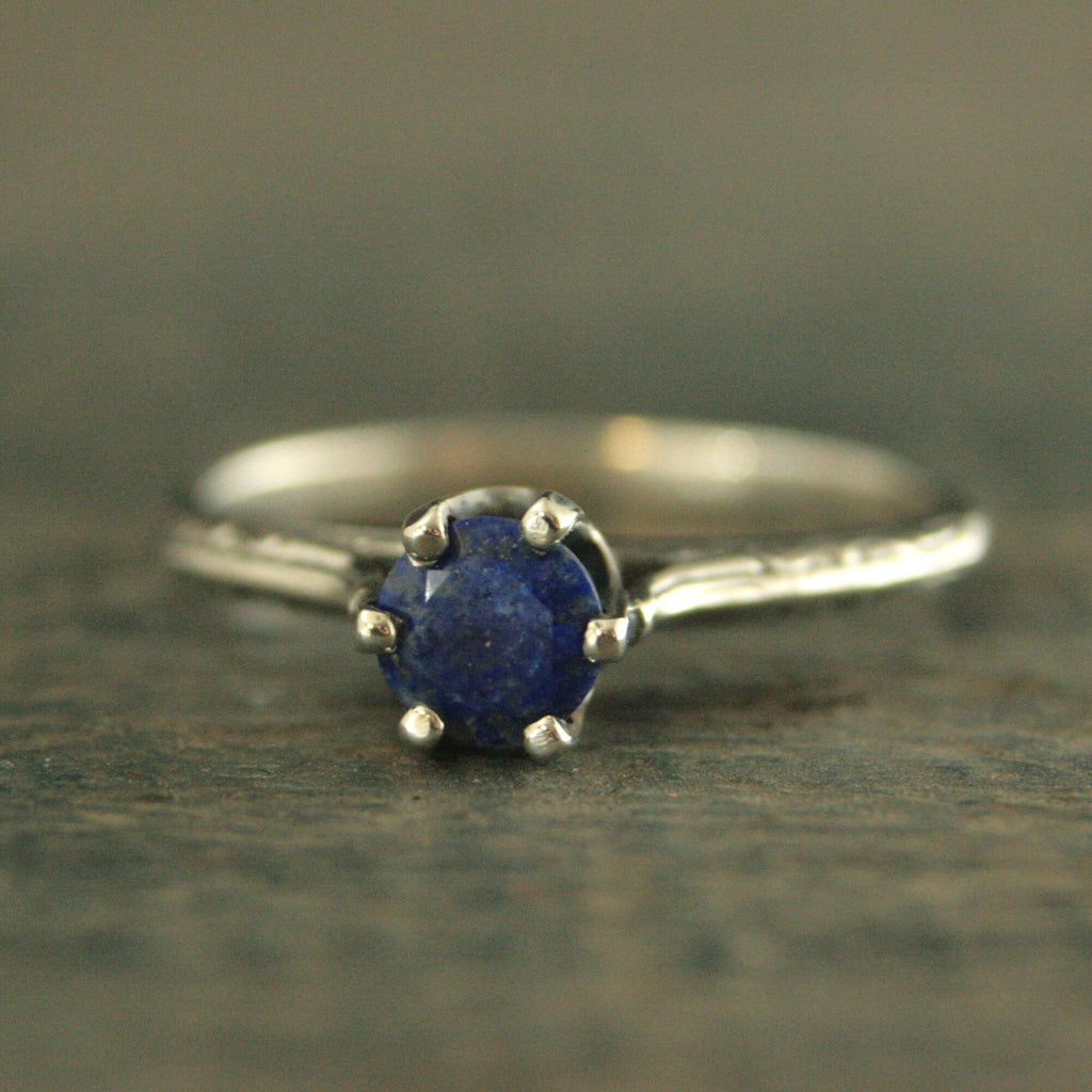 Lapis Engagement Ring Silver Ariel Ring Blue Stone Ring Denim Blue Stone Vintage Style Ring 6 Prong Setting Cathedral Solitaire Silver Ring