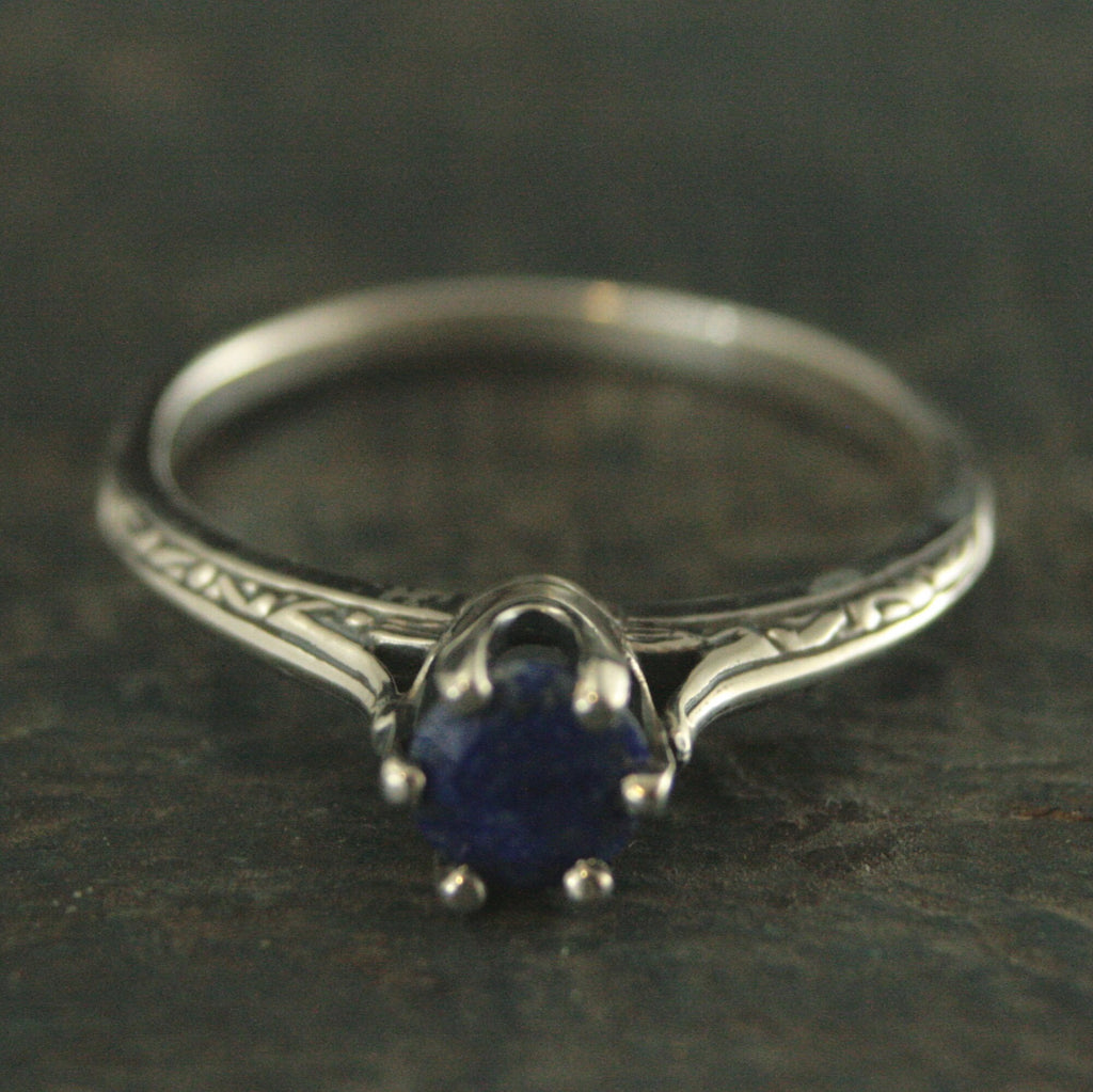 Lapis Engagement Ring Silver Ariel Ring Blue Stone Ring Denim Blue Stone Vintage Style Ring 6 Prong Setting Cathedral Solitaire Silver Ring