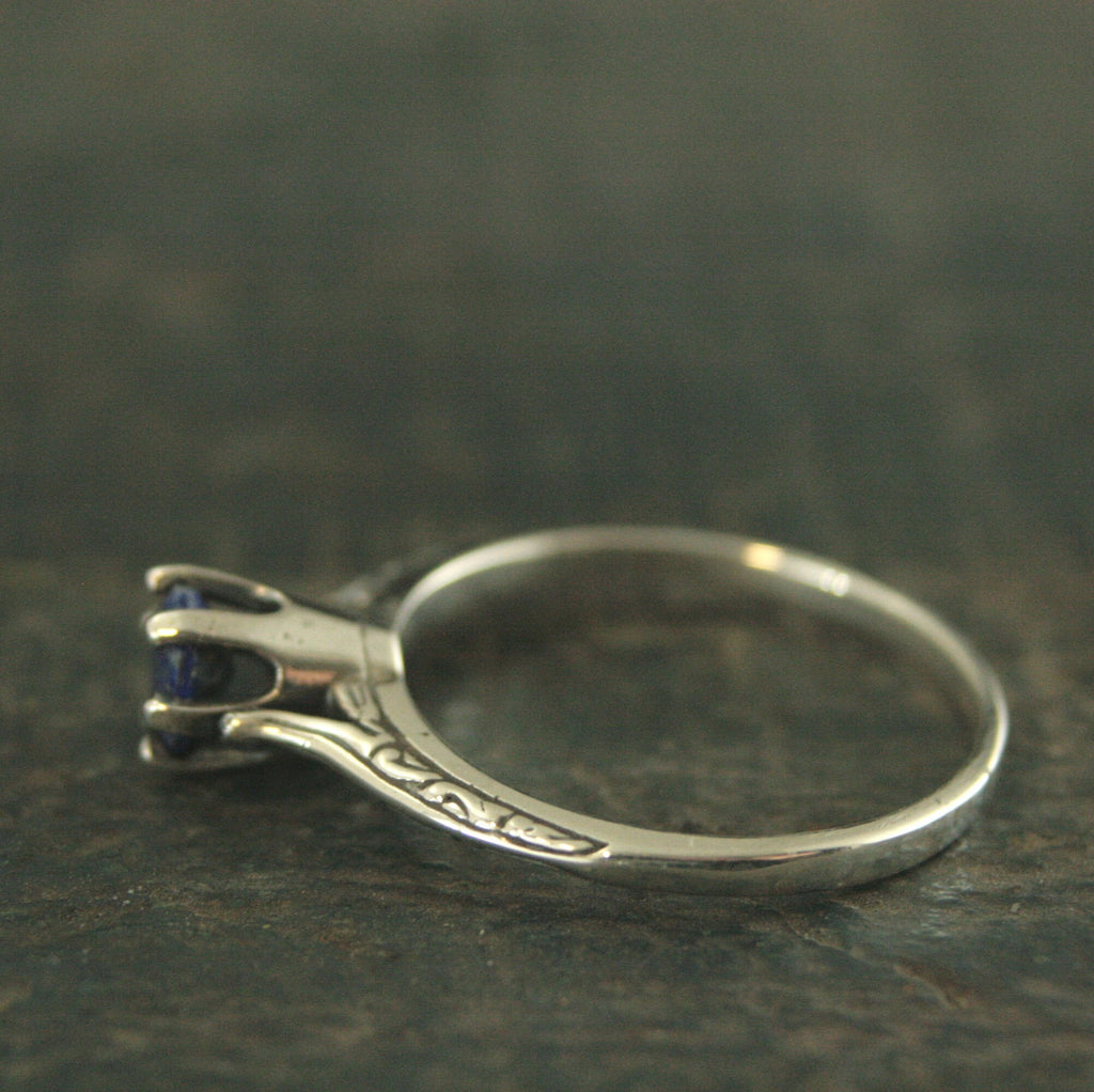 Lapis Engagement Ring Silver Ariel Ring Blue Stone Ring Denim Blue Stone Vintage Style Ring 6 Prong Setting Cathedral Solitaire Silver Ring