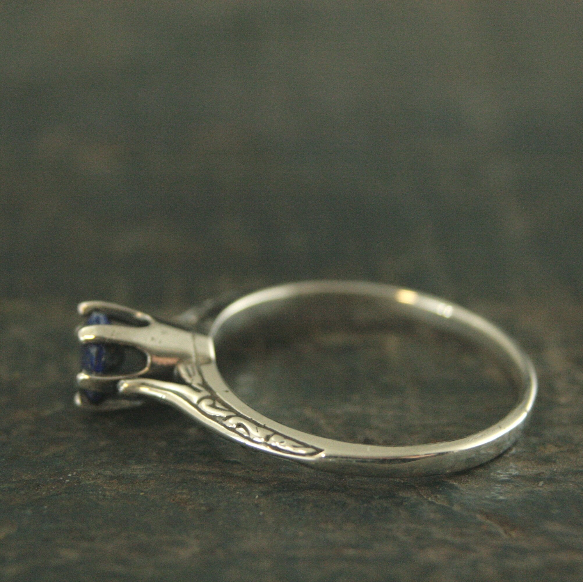 Lapis Engagement Ring Silver Ariel Ring Blue Stone Ring Denim Blue Stone Vintage Style Ring 6 Prong Setting Cathedral Solitaire Silver Ring