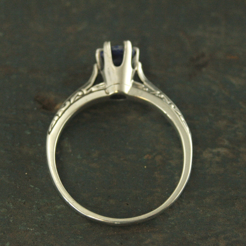 Lapis Engagement Ring Silver Ariel Ring Blue Stone Ring Denim Blue Stone Vintage Style Ring 6 Prong Setting Cathedral Solitaire Silver Ring