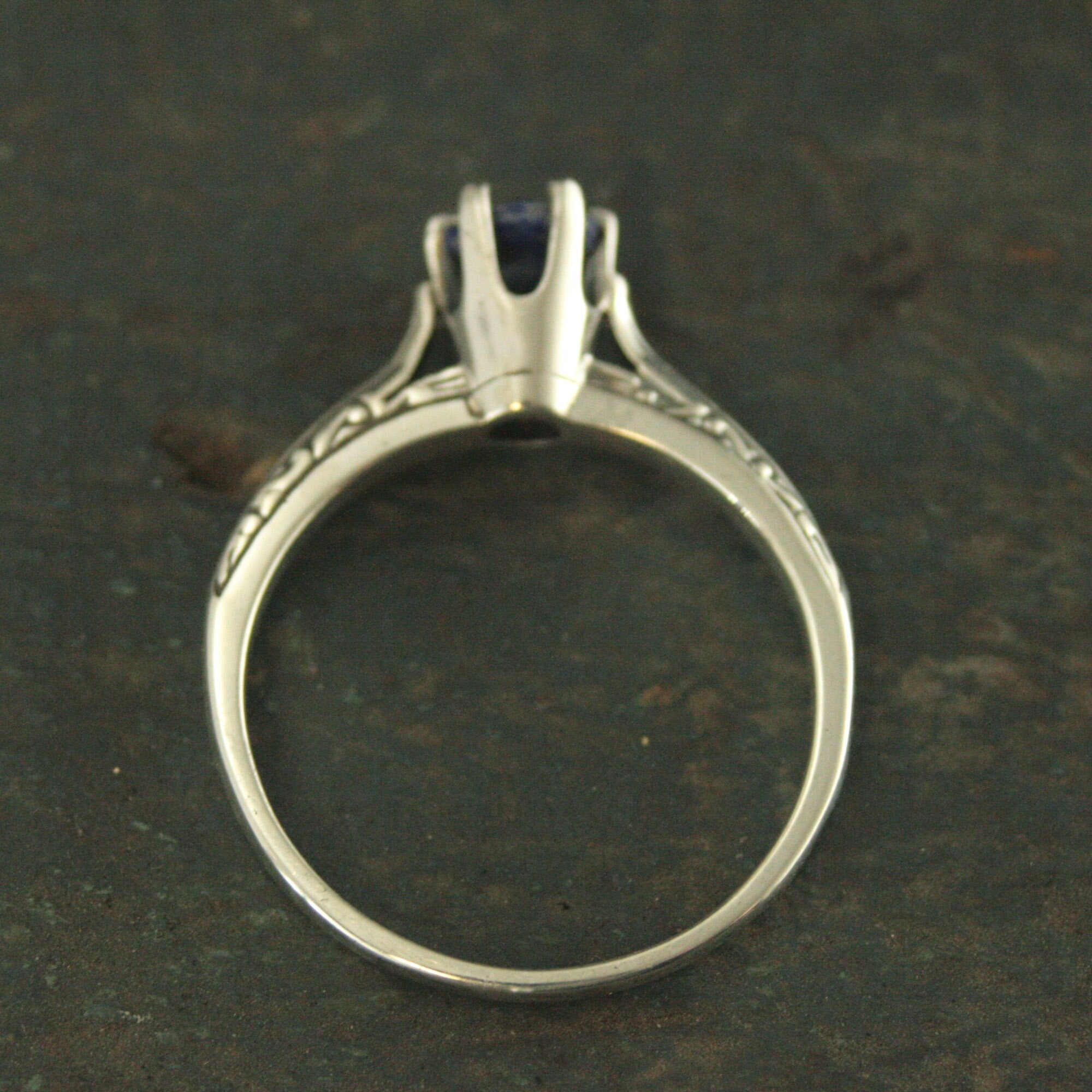 Lapis Engagement Ring Silver Ariel Ring Blue Stone Ring Denim Blue Stone Vintage Style Ring 6 Prong Setting Cathedral Solitaire Silver Ring