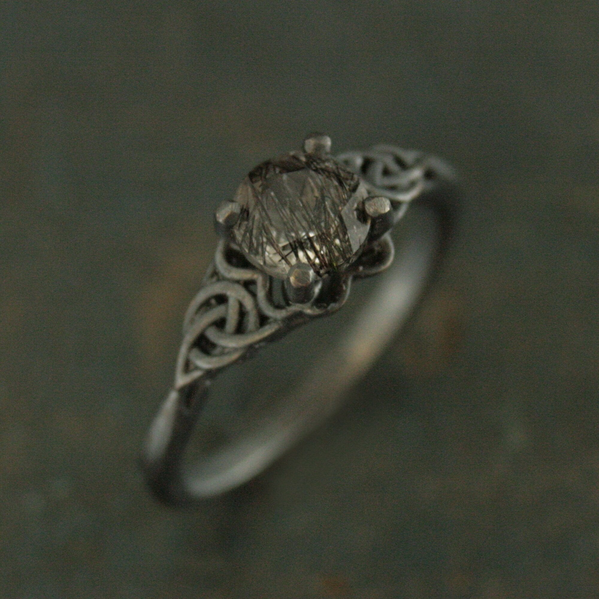 Black Tourmalinated Quartz Ring Celtic Ring Black Silver Ring Black Rutilated Quartz Ring Celtic Knot Ring Unique Engagement Ring