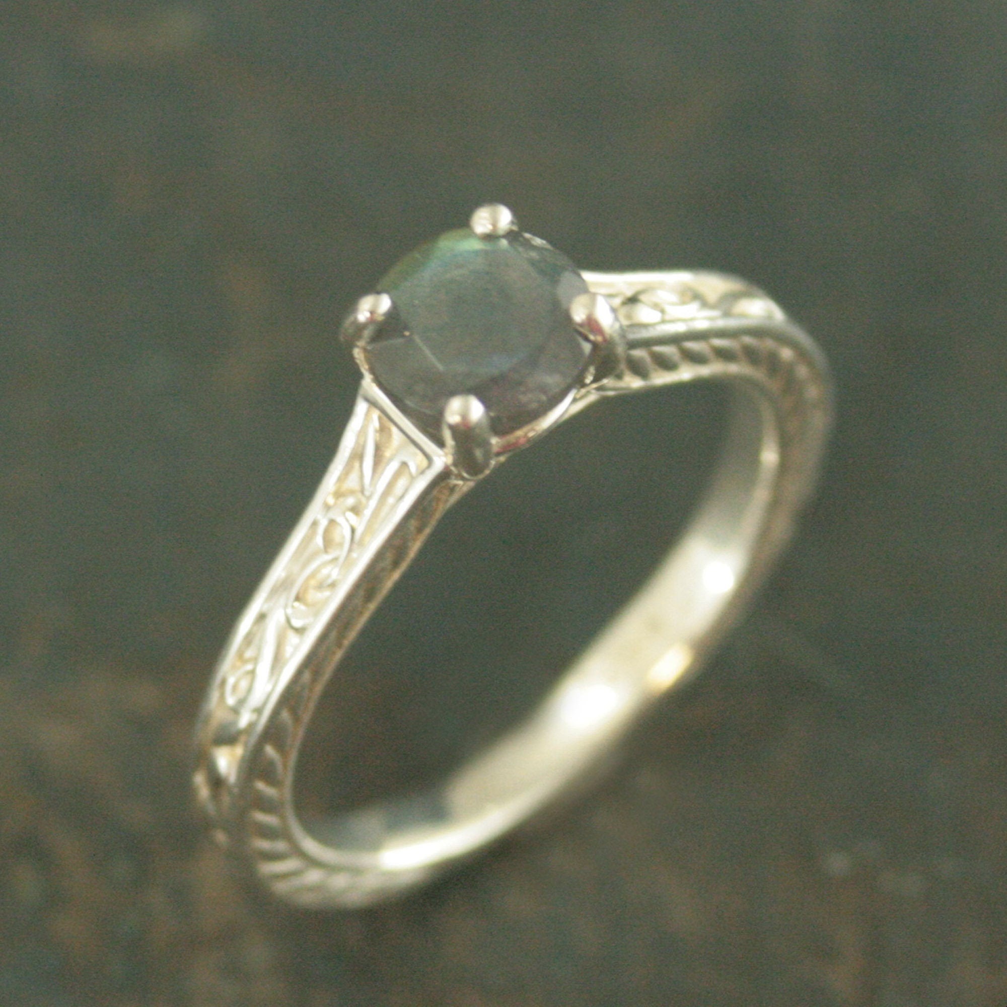Art Nouveau Ring Labradorite Ring Alternative Engagement Ring Flourish Cathedral Setting Gift for Her Facetted Labradorite Ring Antique