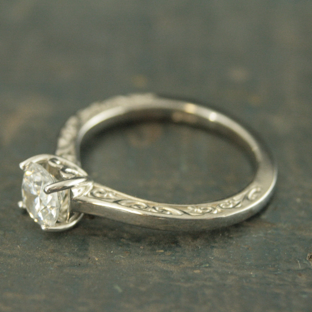 Hidden Flourish Solitaire Silver Engagement Ring Swirl Design Cathedral Heart Setting Silver Cathedral Solitaire White Topaz Ring
