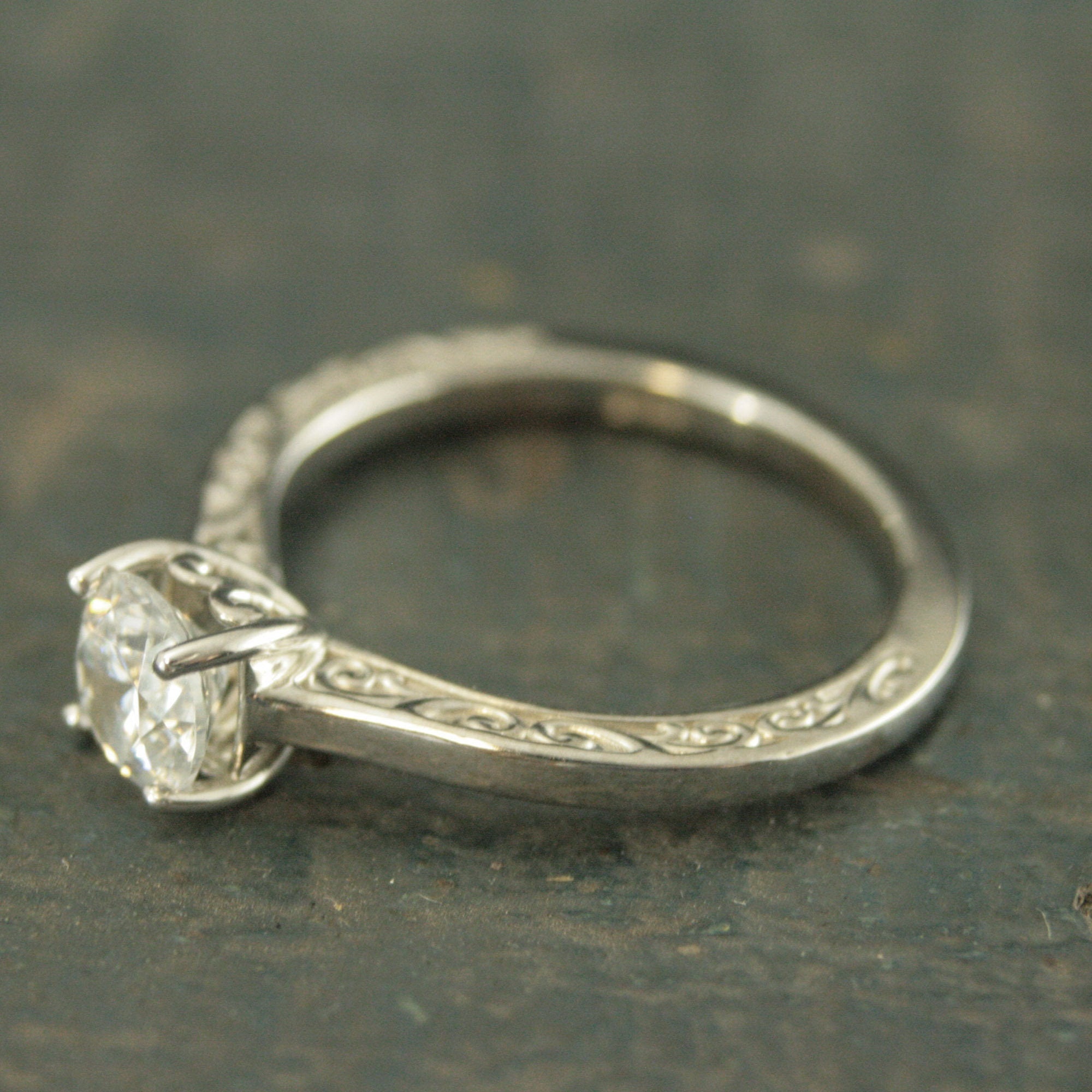 Hidden Flourish Solitaire Silver Engagement Ring Swirl Design Cathedral Heart Setting Silver Cathedral Solitaire White Topaz Ring