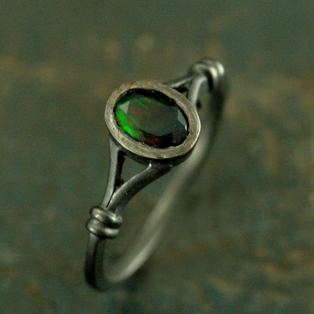 Black Opal Ring Bezel Set Facetted Oval Black Opal Ring Black Silver Oxidized Black Magic Mirror Ring Unique Engagement Ring