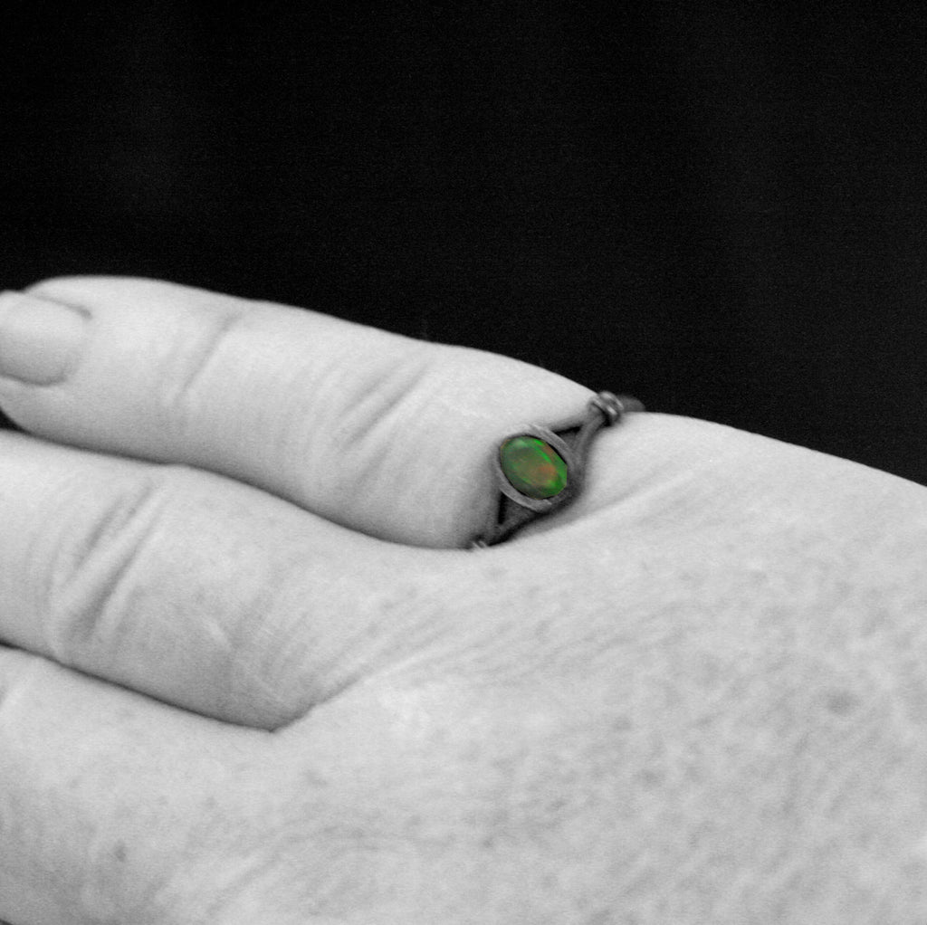 Black Opal Ring Bezel Set Facetted Oval Black Opal Ring Black Silver Oxidized Black Magic Mirror Ring Unique Engagement Ring