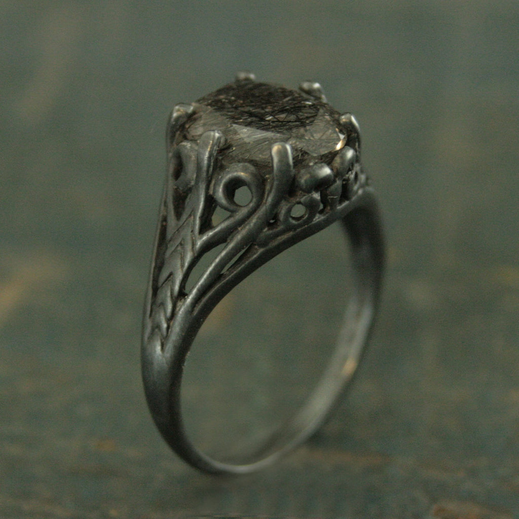 Black Tourmalinated Quartz Ring Black Rutilated Quartz 8x10 Oval Black Wicked Fairy Black Silver Gothic Ring Alternative Engagement Ring