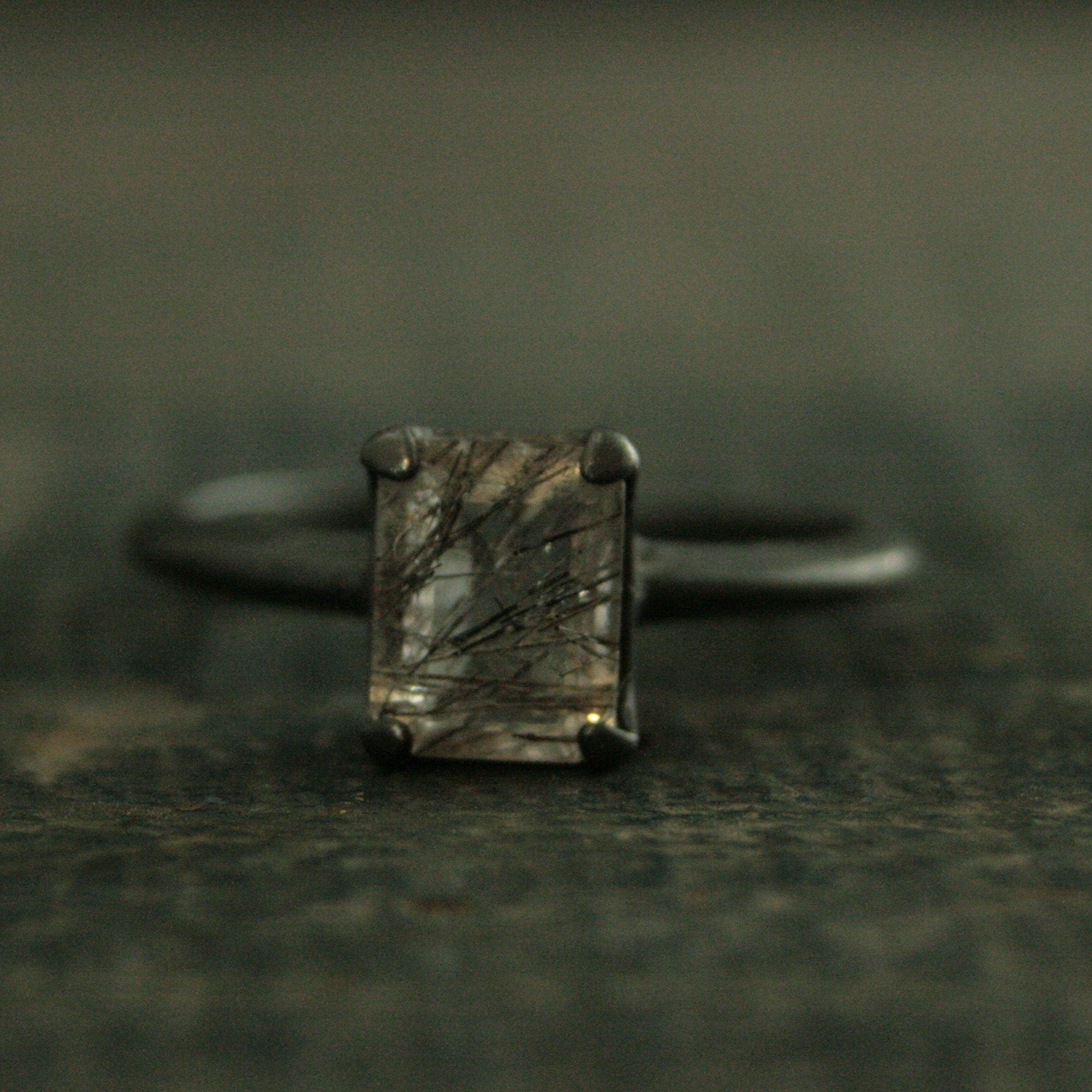 Black Tourmalinated Quartz Ring Emerald Cut Rutilated Quartz Modern Knife Edge Ring Oxidized Black Silver Ring Black Rutilated Quartz Ring