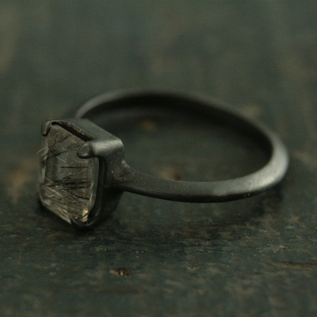 Black Tourmalinated Quartz Ring Emerald Cut Rutilated Quartz Modern Knife Edge Ring Oxidized Black Silver Ring Black Rutilated Quartz Ring