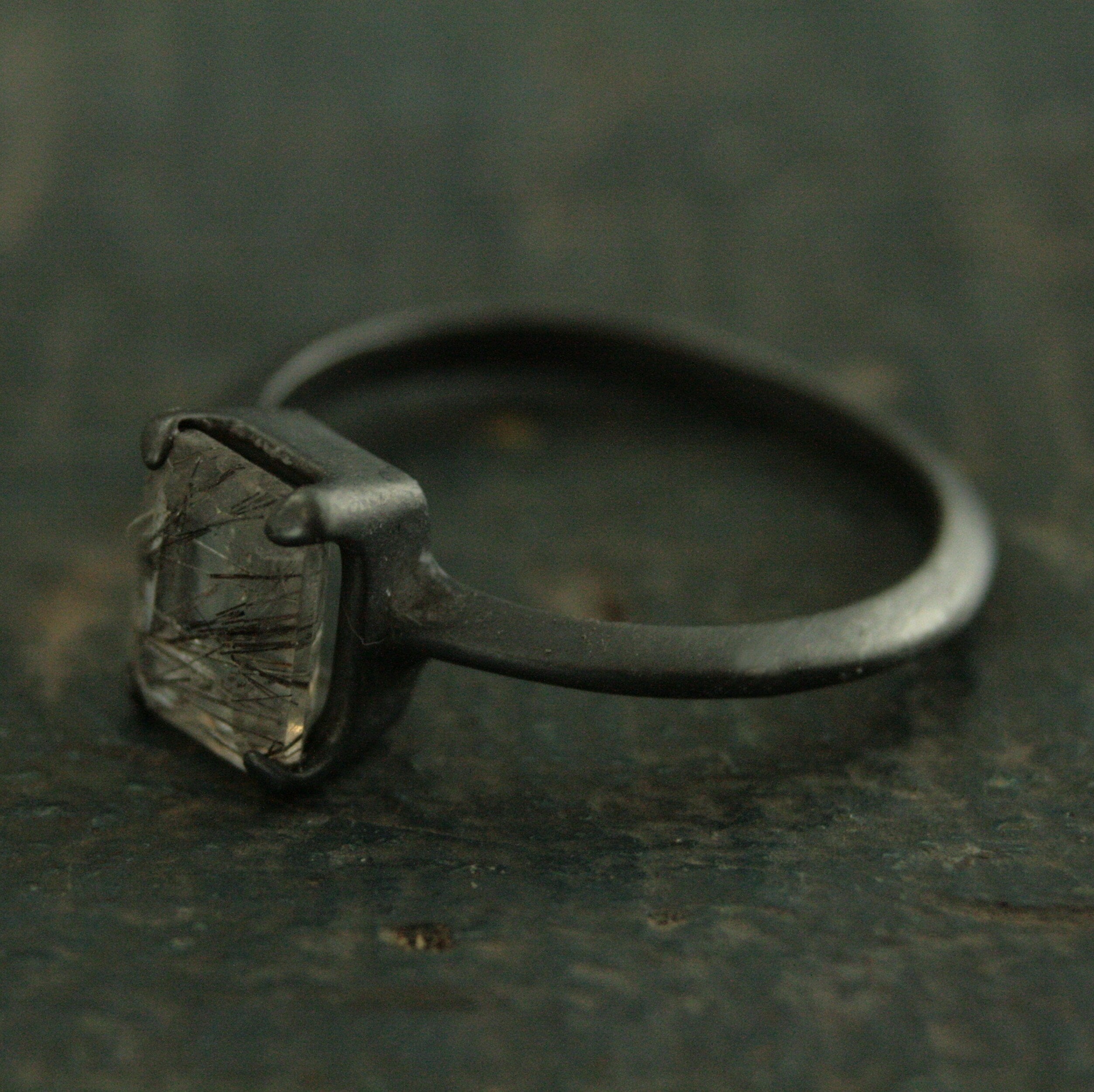 Black Tourmalinated Quartz Ring Emerald Cut Rutilated Quartz Modern Knife Edge Ring Oxidized Black Silver Ring Black Rutilated Quartz Ring