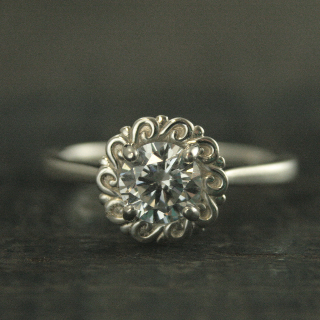 Sunburst Swirl Halo Engagement Ring Halo Solitaire Flourish Halo Ring Unique Engagement Ring Helios Silver Engagement Ring Cubic Zirconia