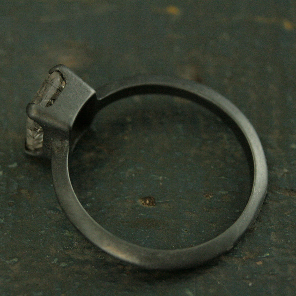 Black Tourmalinated Quartz Ring Emerald Cut Rutilated Quartz Modern Knife Edge Ring Oxidized Black Silver Ring Black Rutilated Quartz Ring