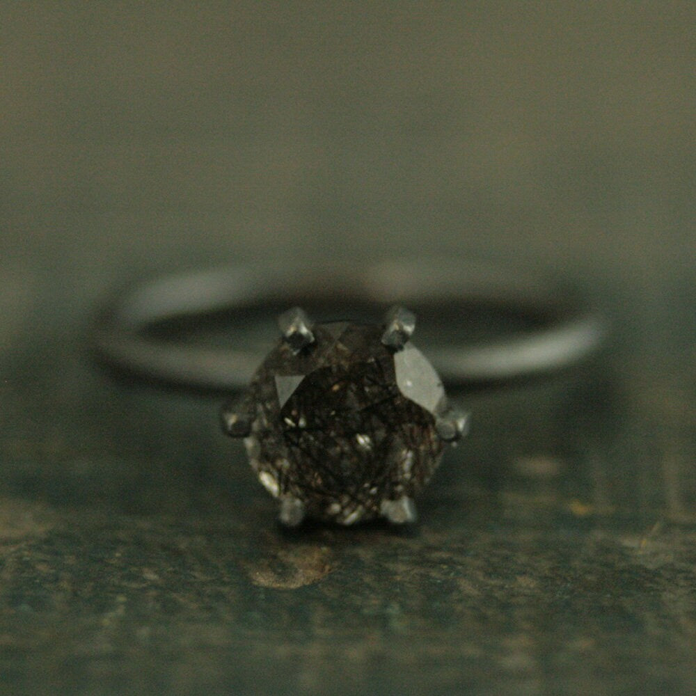 HUGE Rutilated Quartz Ring Handmade Solitaire Black Silver Ring 8mm Black Tourmalinated Quartz Ring 6 Prong Setting on 2mm Full Round Band
