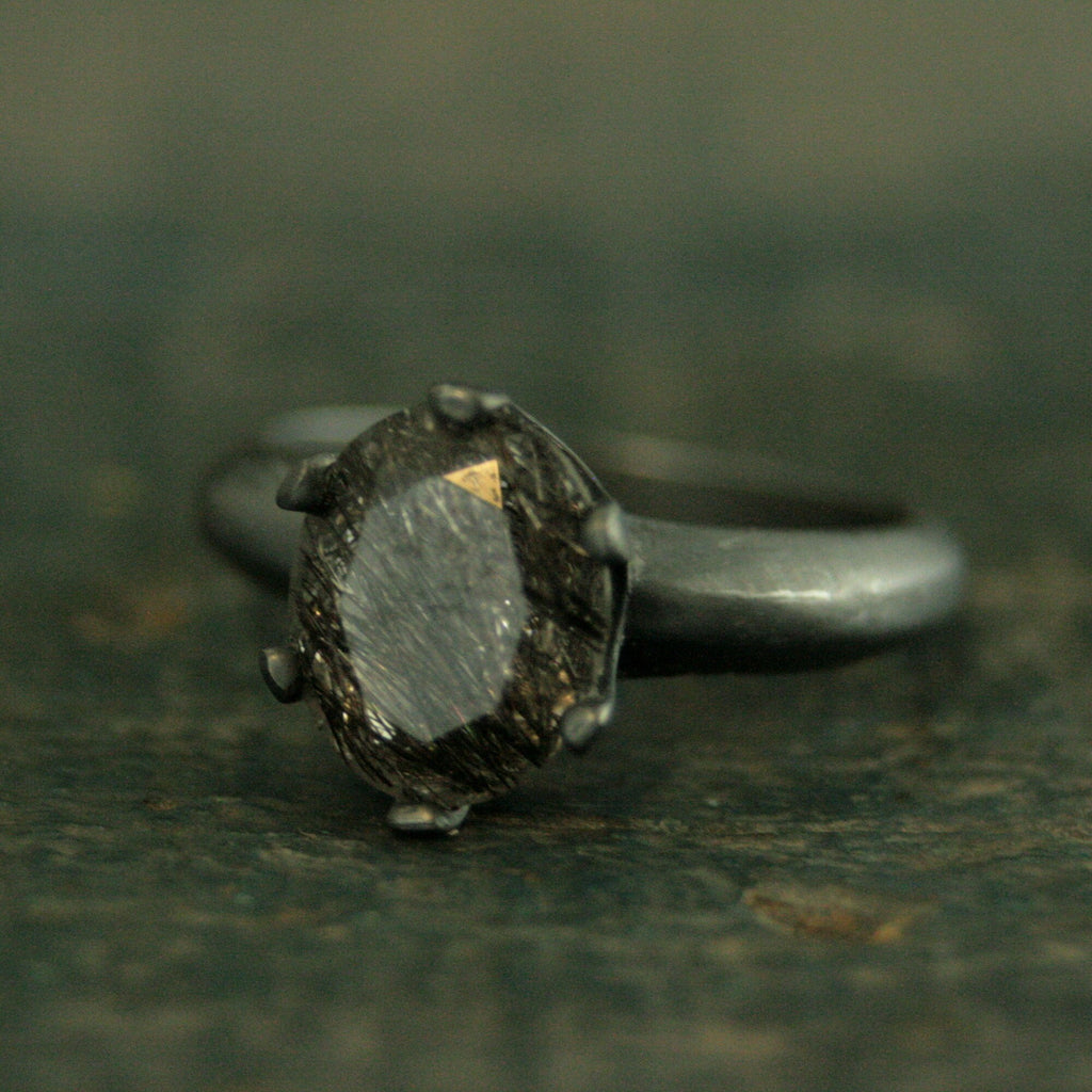 Oval Rutilated Quartz Black Ring Oval Black Tourmalinated Quartz Solitaire Six Prong Setting Crown Prongs Black Oxidized Silver Ring Unique