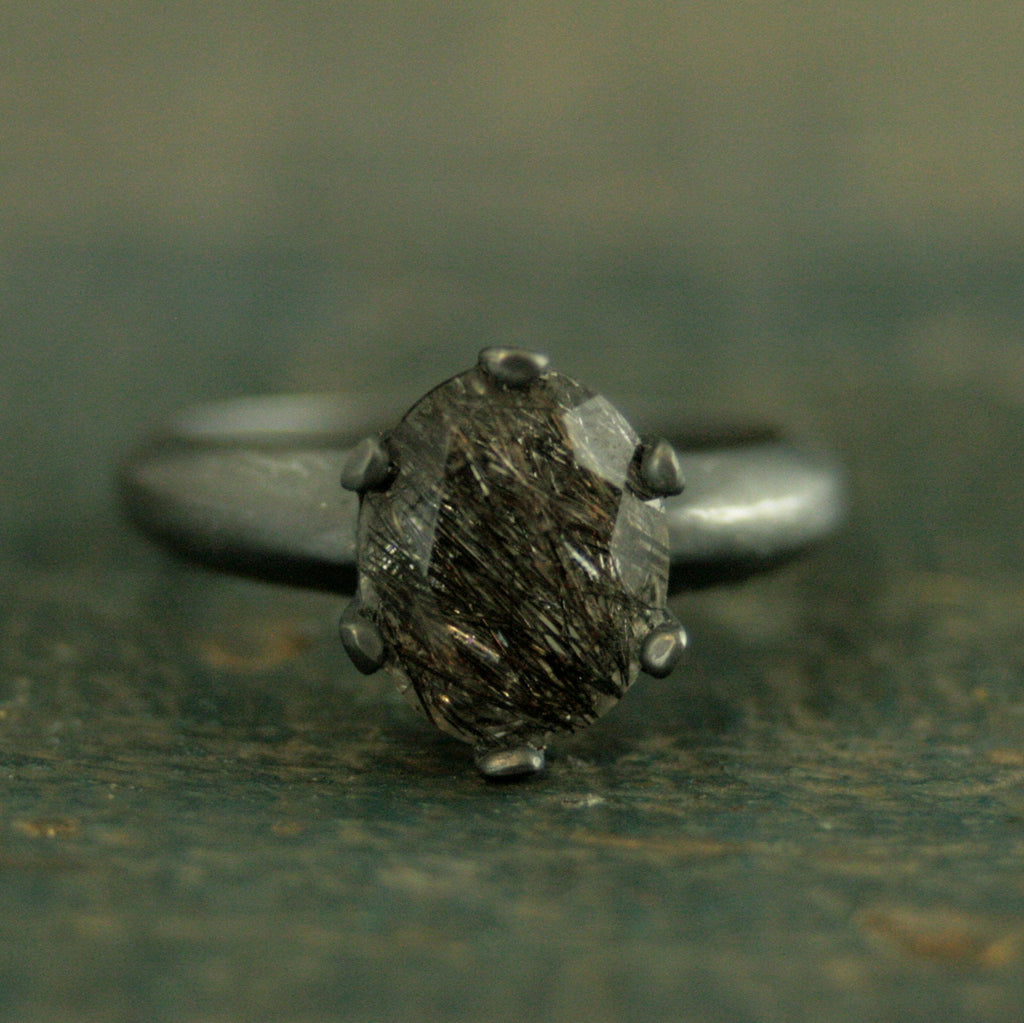 Oval Rutilated Quartz Black Ring Oval Black Tourmalinated Quartz Solitaire Six Prong Setting Crown Prongs Black Oxidized Silver Ring Unique