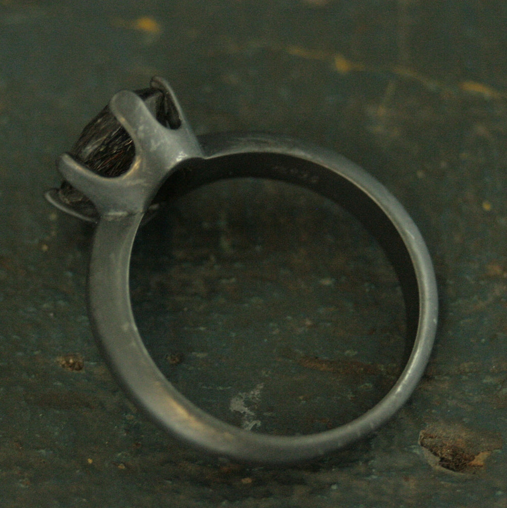 Oval Rutilated Quartz Black Ring Oval Black Tourmalinated Quartz Solitaire Six Prong Setting Crown Prongs Black Oxidized Silver Ring Unique