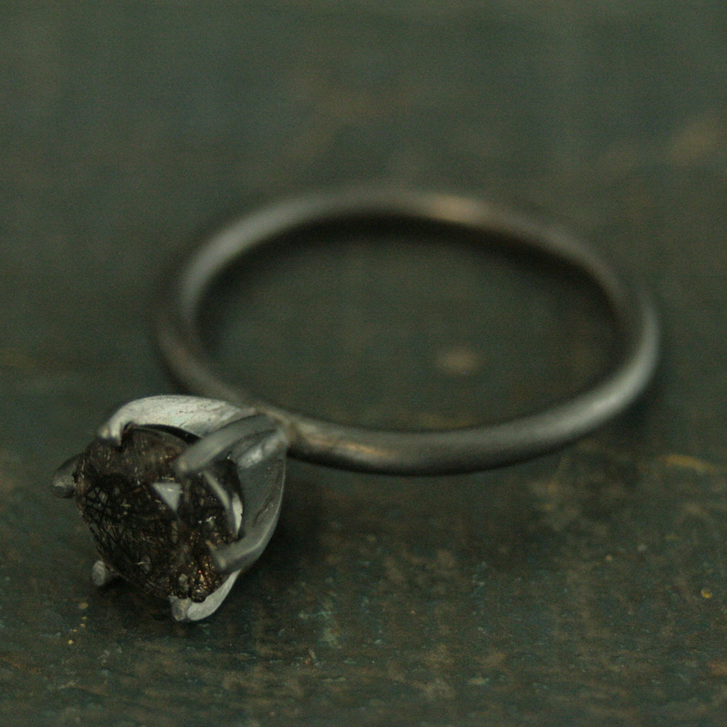 HUGE Rutilated Quartz Ring Handmade Solitaire Black Silver Ring 8mm Black Tourmalinated Quartz Ring 6 Prong Setting on 2mm Full Round Band