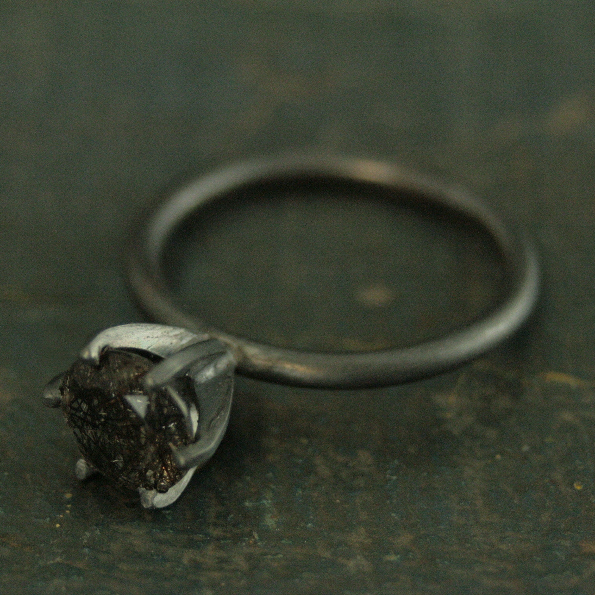 HUGE Rutilated Quartz Ring Handmade Solitaire Black Silver Ring 8mm Black Tourmalinated Quartz Ring 6 Prong Setting on 2mm Full Round Band