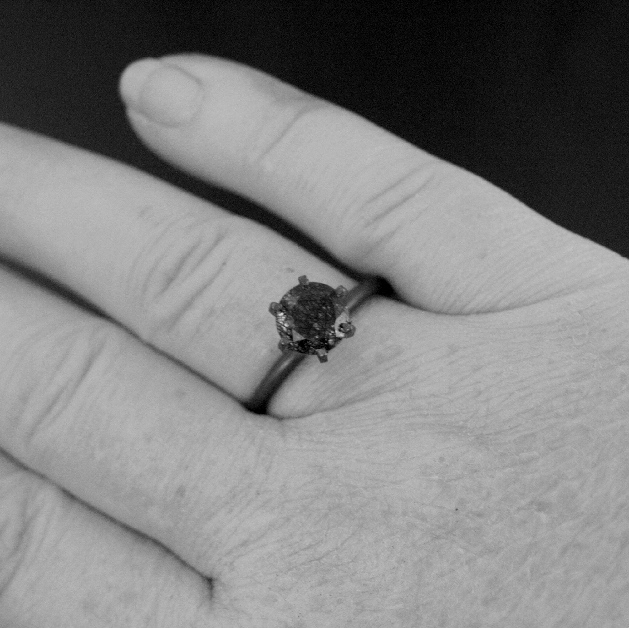 HUGE Rutilated Quartz Ring Handmade Solitaire Black Silver Ring 8mm Black Tourmalinated Quartz Ring 6 Prong Setting on 2mm Full Round Band