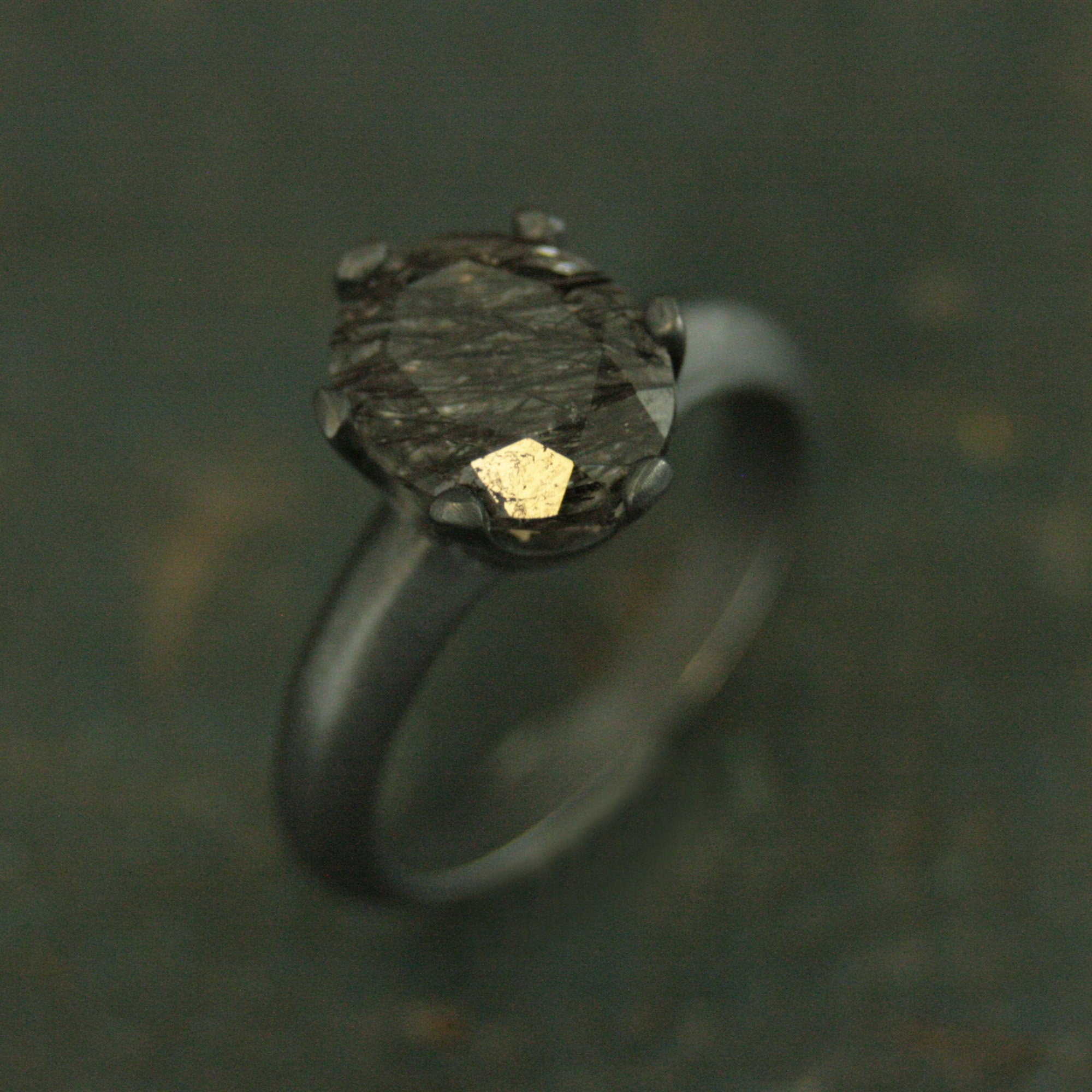 Oval Rutilated Quartz Black Ring Oval Black Tourmalinated Quartz Solitaire Six Prong Setting Crown Prongs Black Oxidized Silver Ring Unique