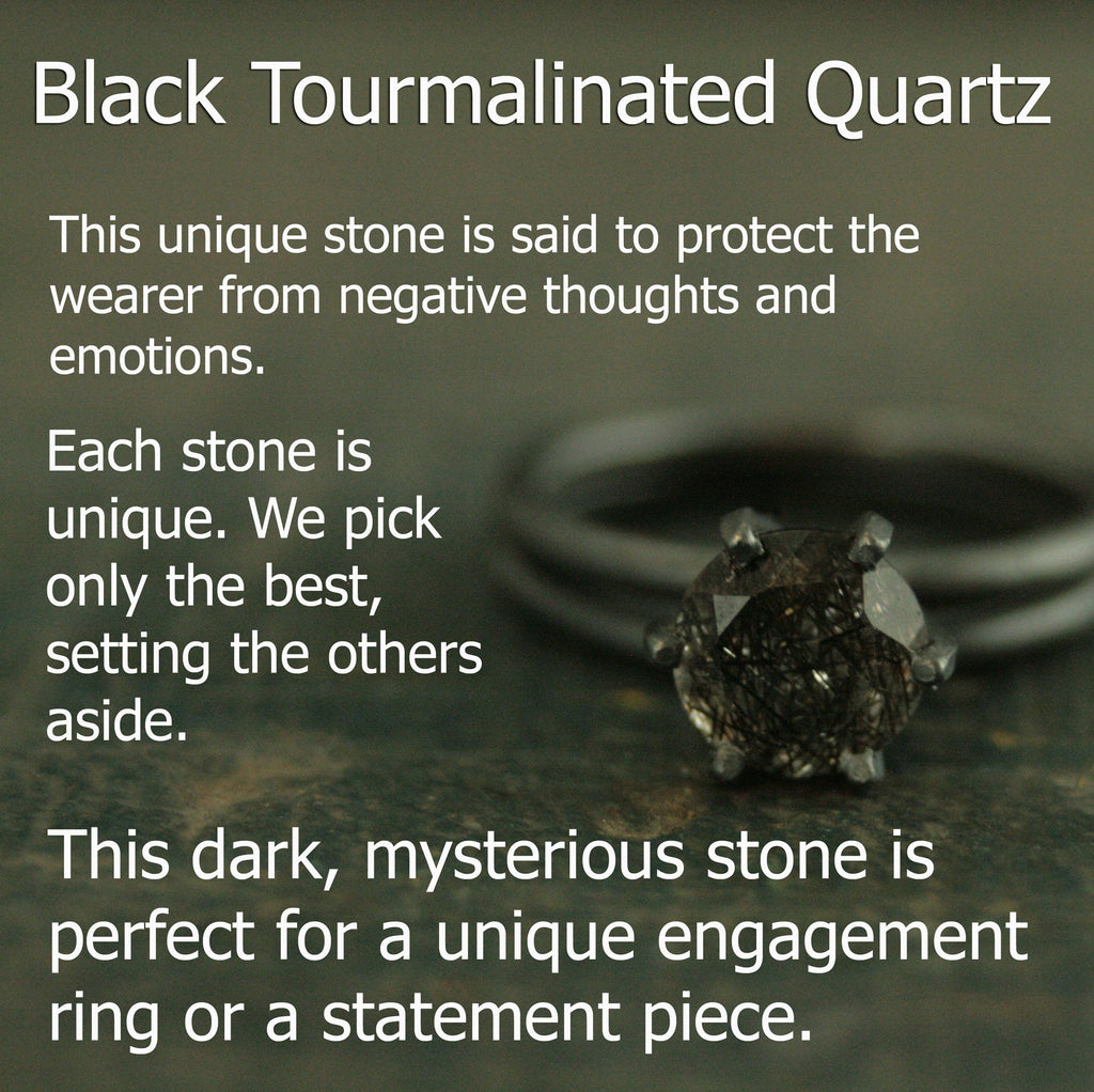 HUGE Rutilated Quartz Ring Handmade Solitaire Black Silver Ring 8mm Black Tourmalinated Quartz Ring 6 Prong Setting on 2mm Full Round Band