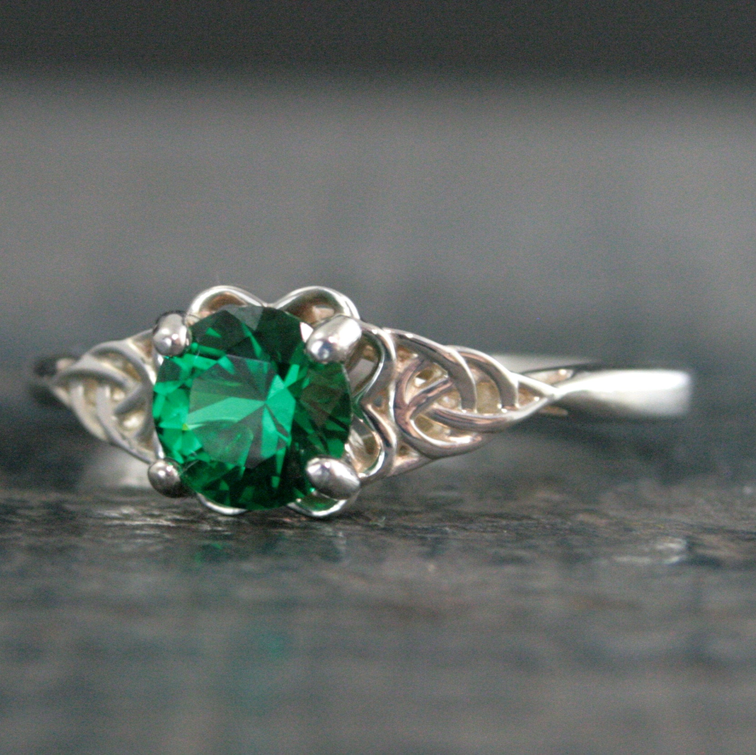 Green Celtic Ring Emerald Ring May Birthstone St. Patrick's Day Ring Trillion Ring Irish Engagement Ring Green Stone Ring Celtic Knot Ring