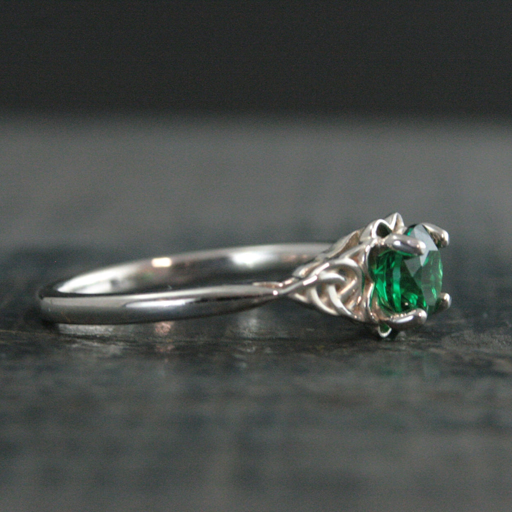 Green Celtic Ring Emerald Ring May Birthstone St. Patrick's Day Ring Trillion Ring Irish Engagement Ring Green Stone Ring Celtic Knot Ring