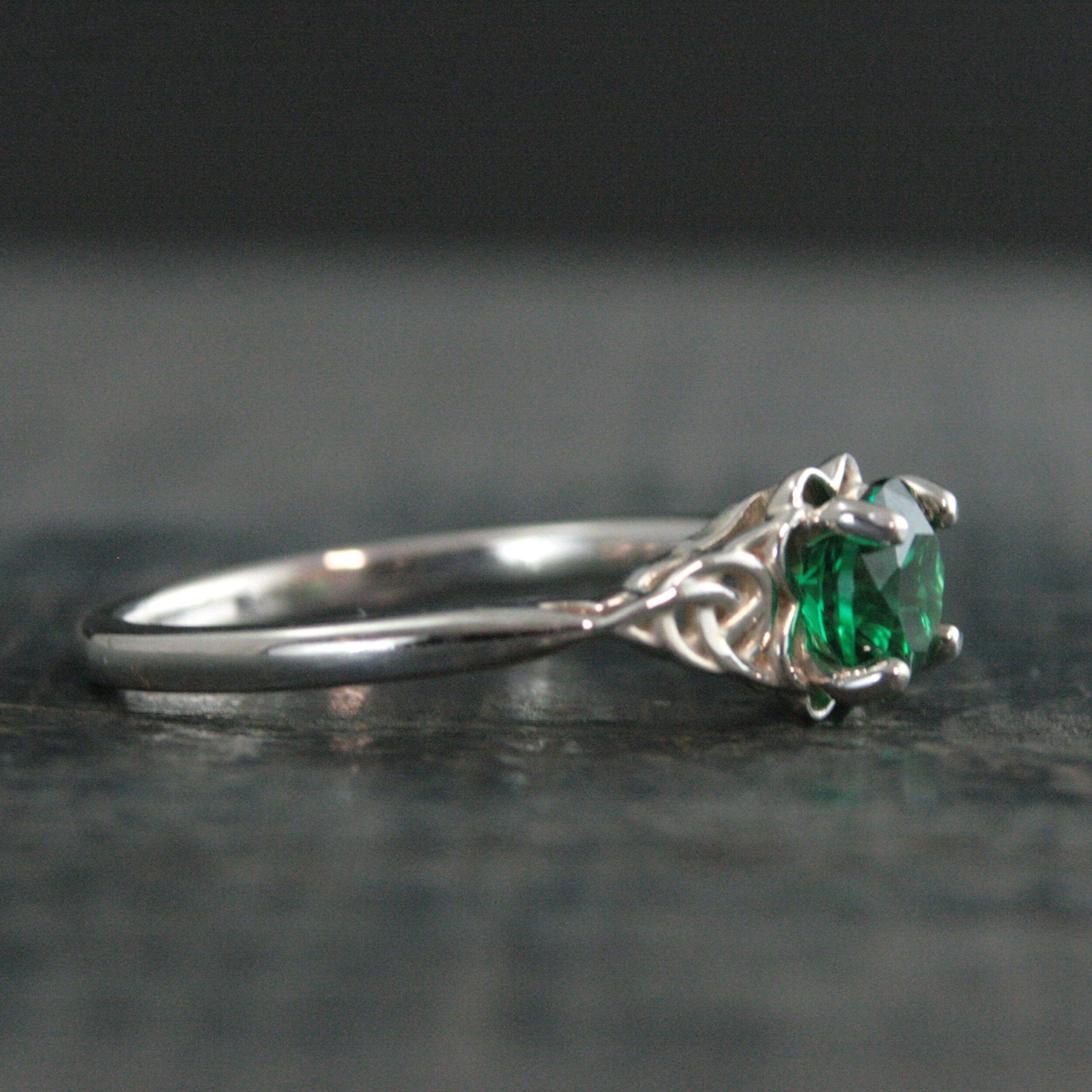 Green Celtic Ring Emerald Ring May Birthstone St. Patrick's Day Ring Trillion Ring Irish Engagement Ring Green Stone Ring Celtic Knot Ring