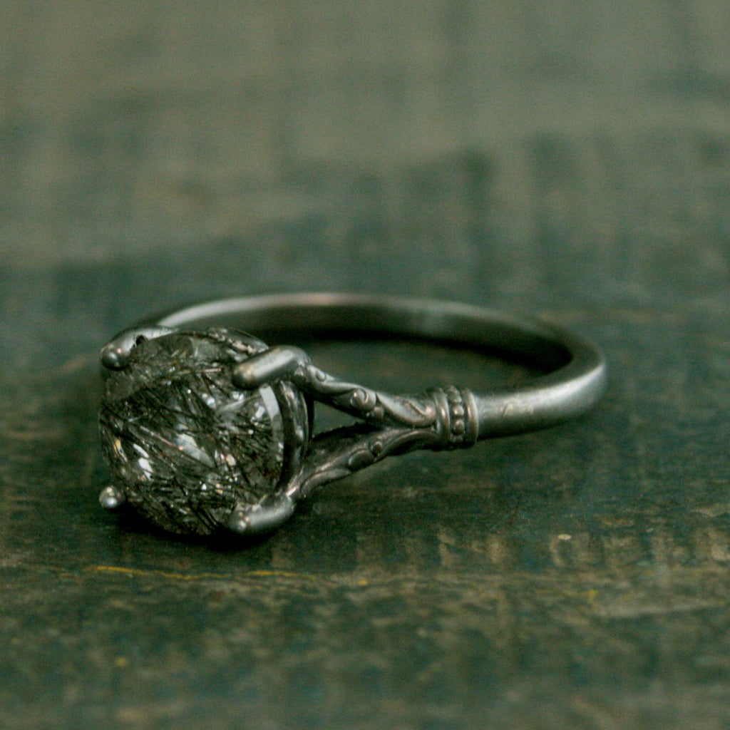 Black Tourmalinated Quartz Ring Black Rutilated Quartz Ring Oxidized Silver Ring Unique Engagement Ring Black Silver Ring Gothic Elsa Ring