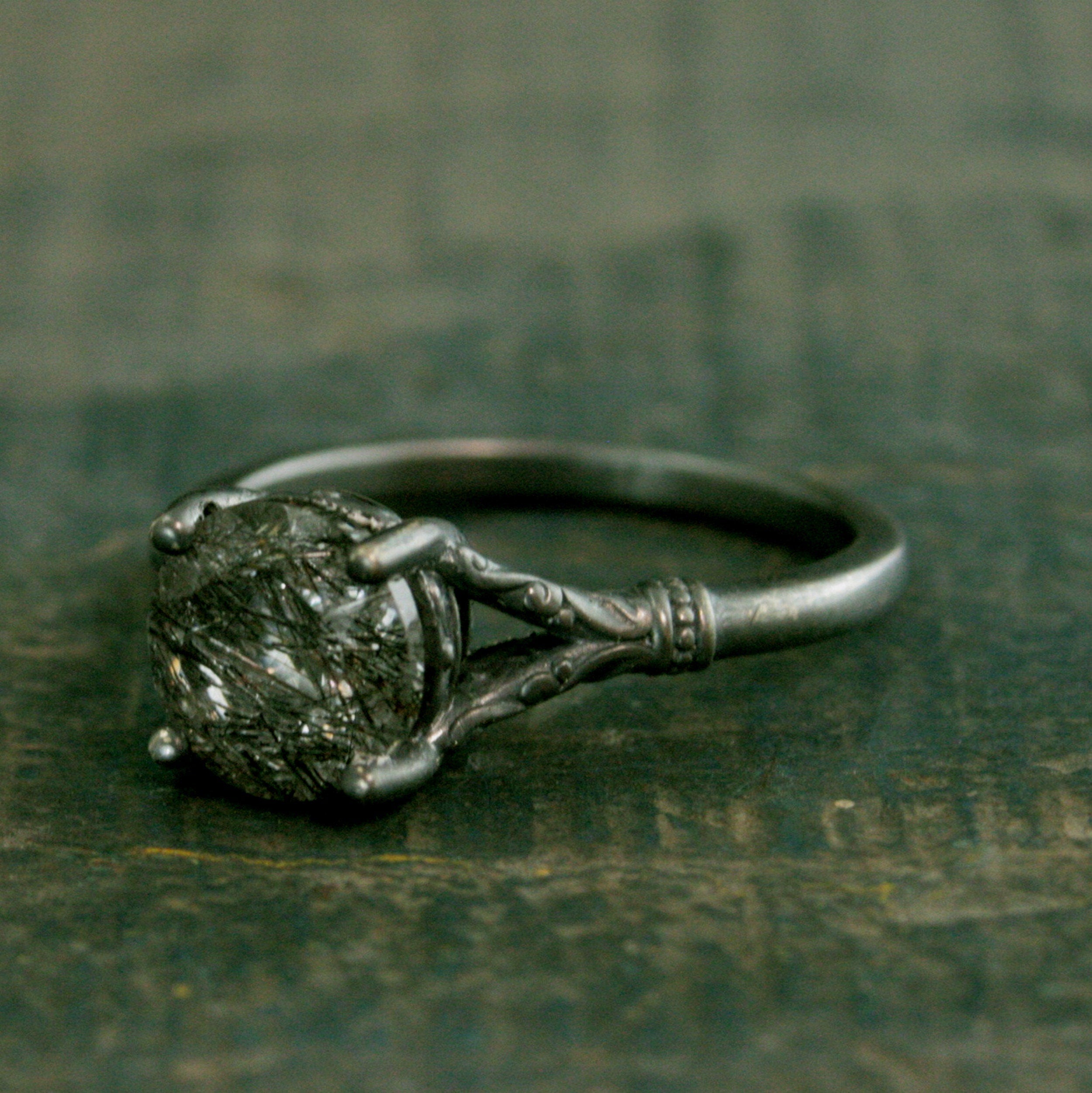 Black Tourmalinated Quartz Ring Black Rutilated Quartz Ring Oxidized Silver Ring Unique Engagement Ring Black Silver Ring Gothic Elsa Ring
