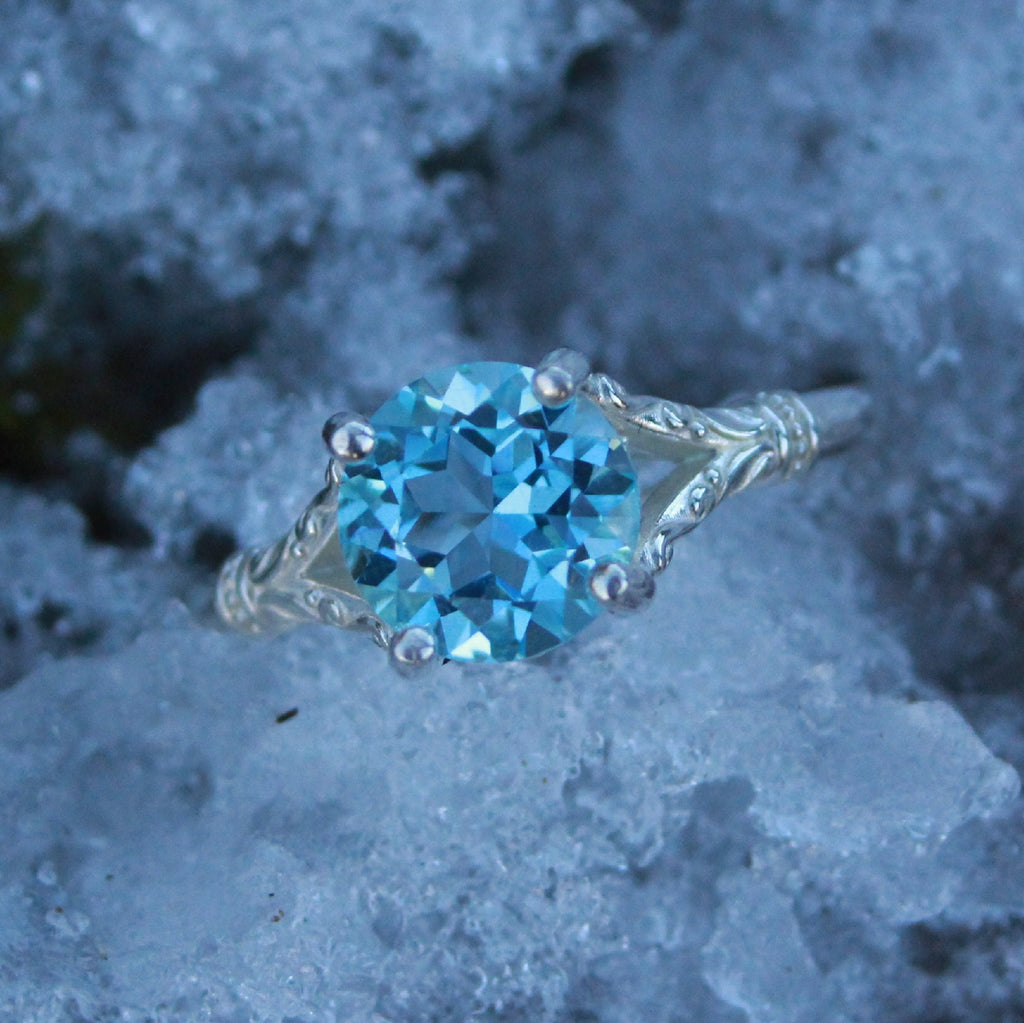 Sky Blue Topaz Ring Elsa Ring 8mm Blue Topaz Split Shank Solitaire Scroll Design Arendelle Inspired Ring March Birthstone Ring Gift for Her