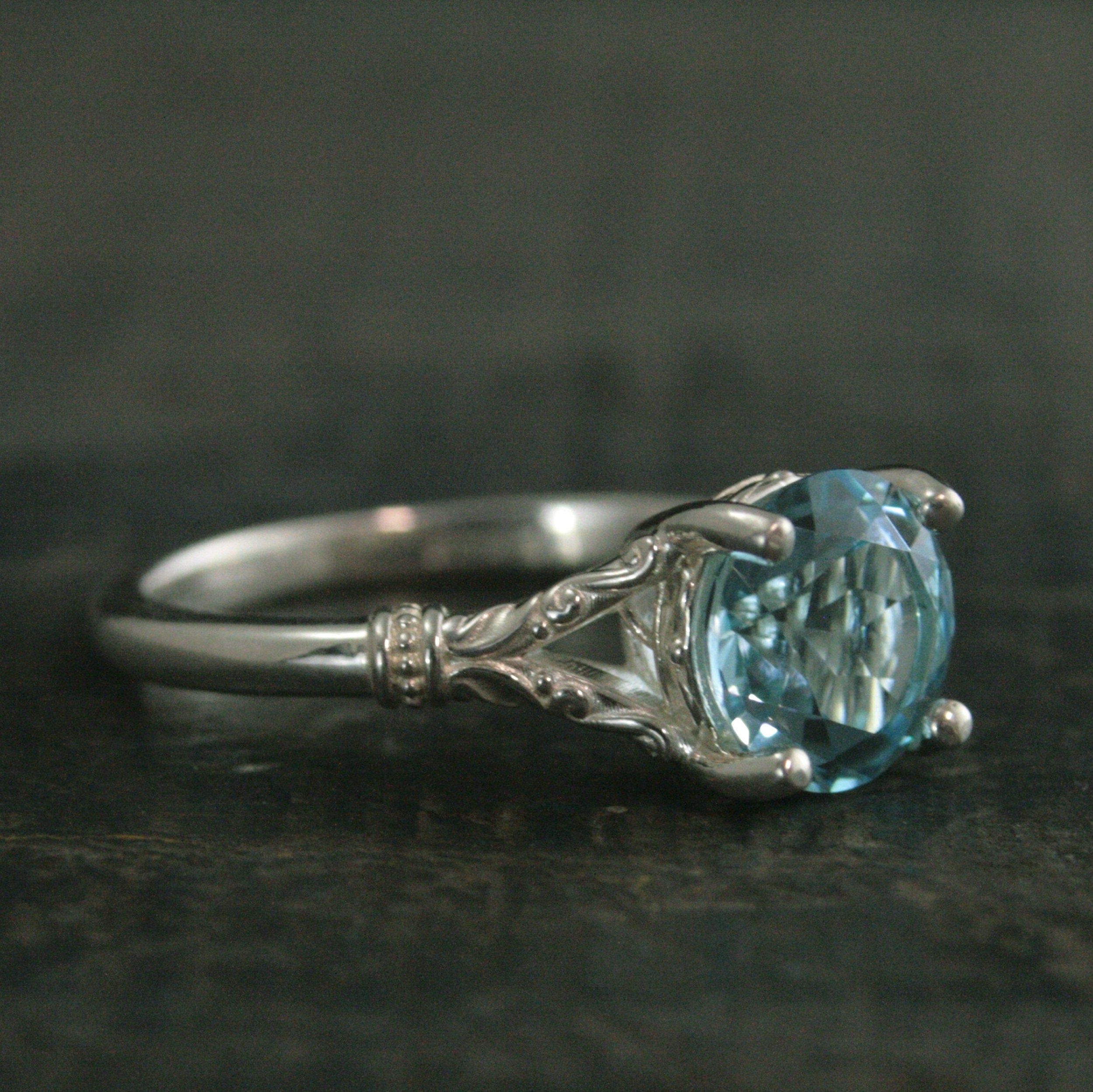 Sky Blue Topaz Ring Elsa Ring 8mm Blue Topaz Split Shank Solitaire Scroll Design Arendelle Inspired Ring March Birthstone Ring Gift for Her