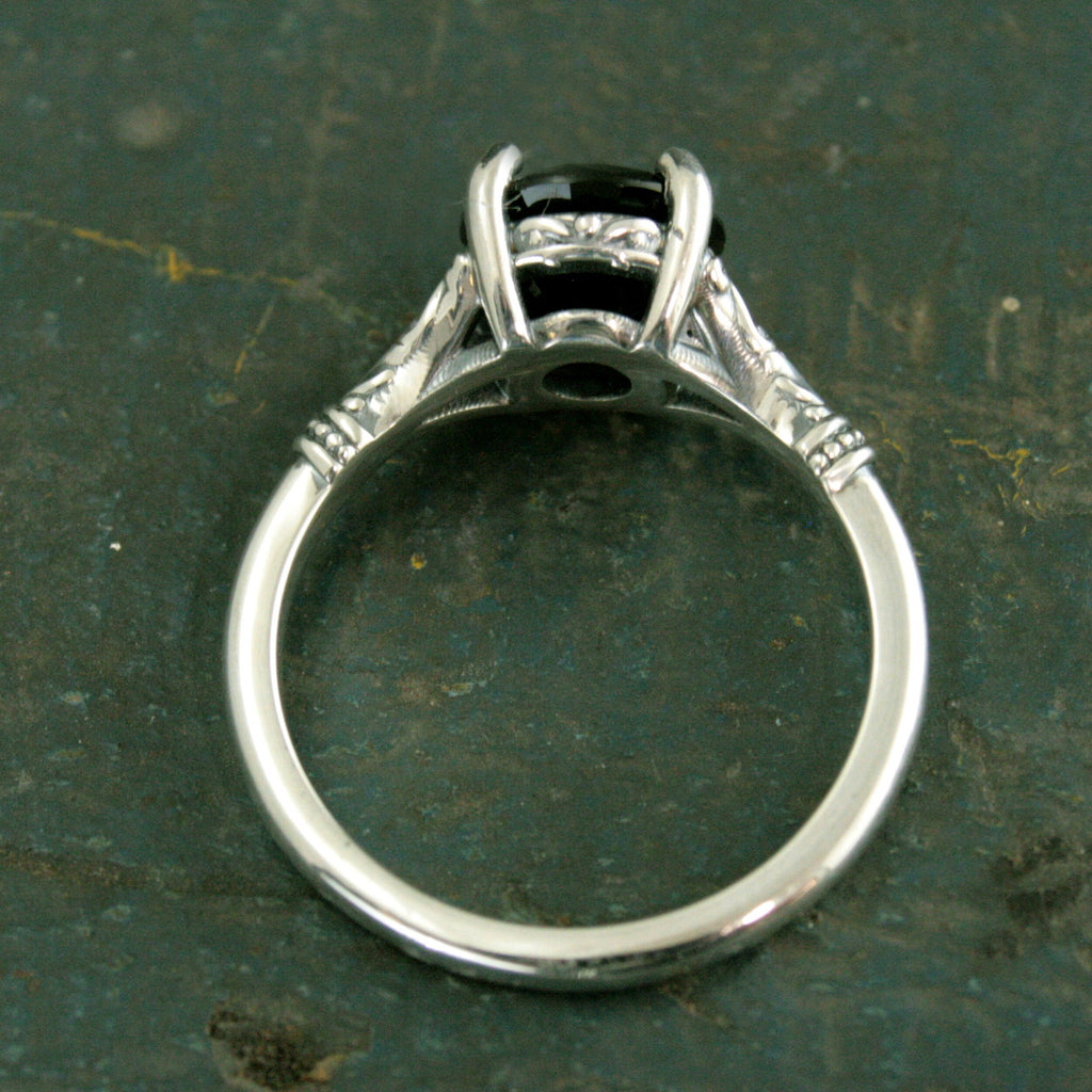 Black Onyx Ring Nordic Design Scrollwork Split Shank Solitaire Oxidized Silver Antiqued Ring Vintage Design Unique Engagement Ring Gothic
