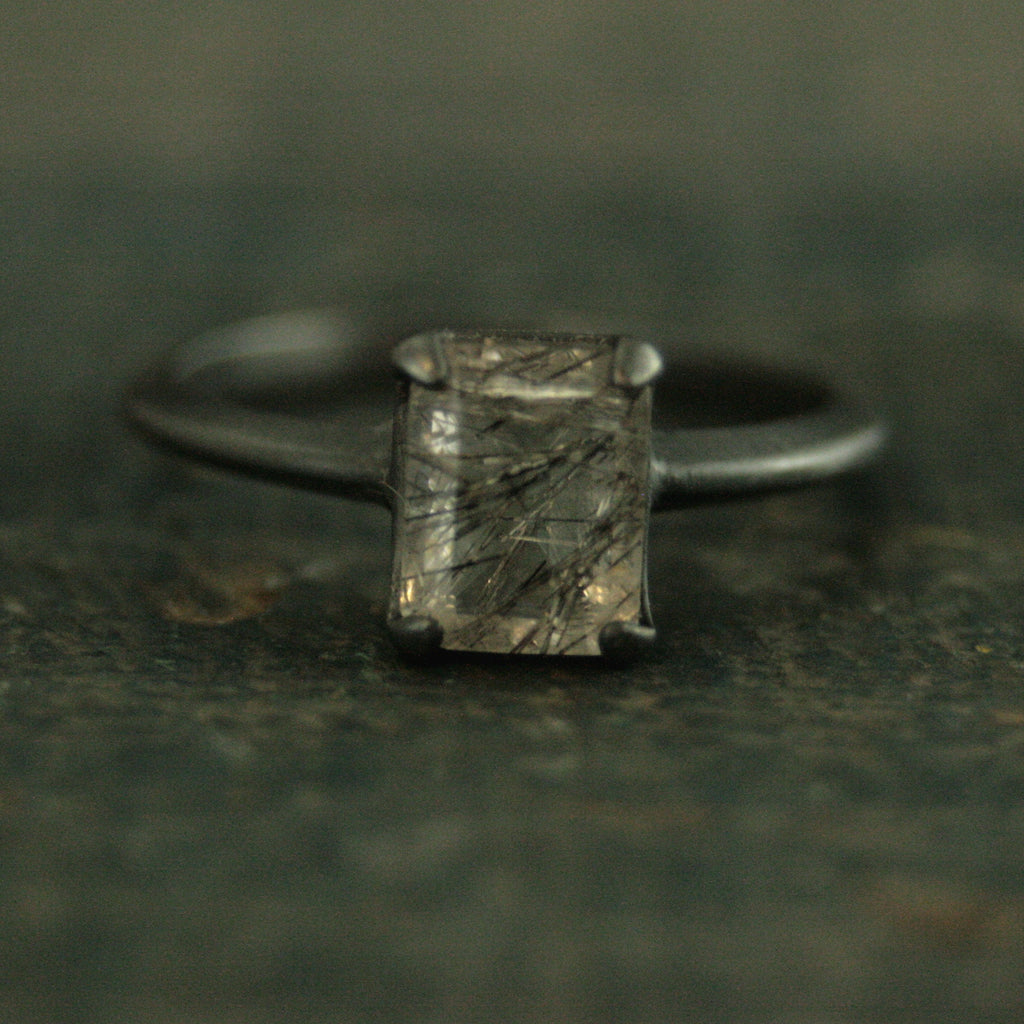 Black Tourmalinated Quartz Ring Emerald Cut Rutilated Quartz Modern Knife Edge Ring Oxidized Black Silver Ring Black Rutilated Quartz Ring